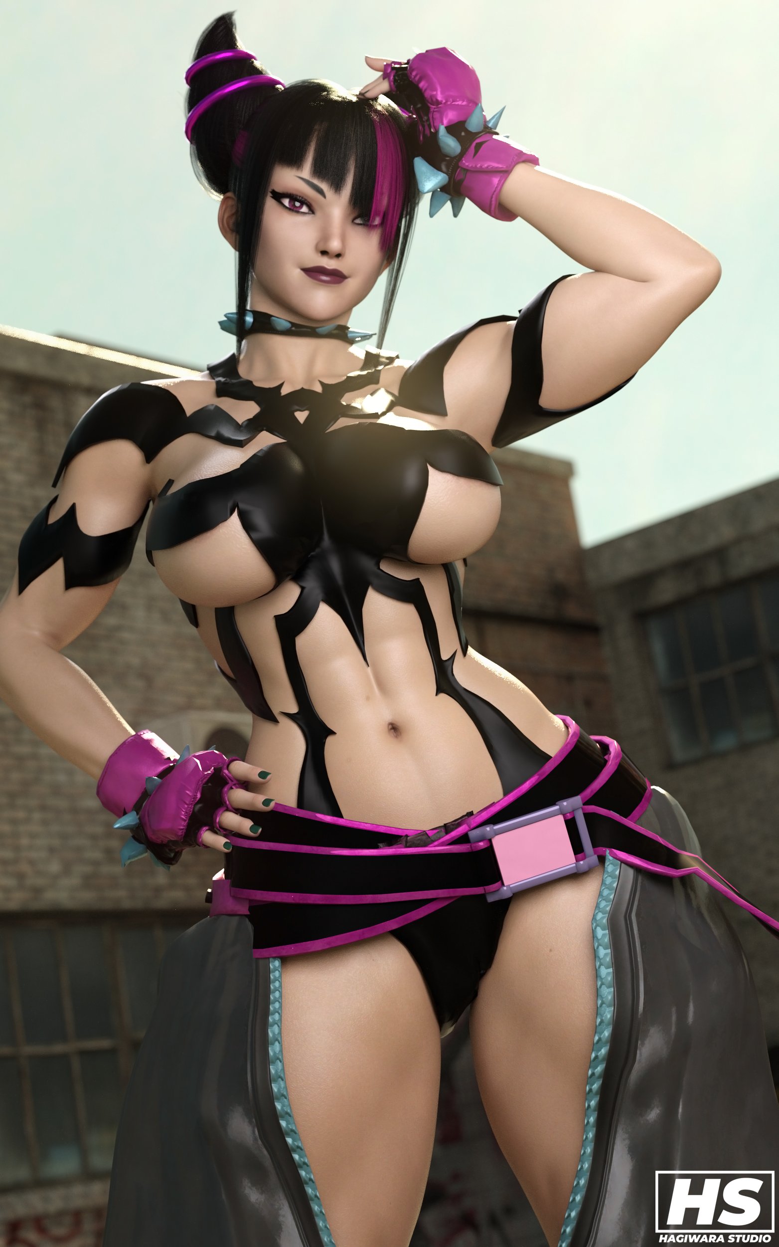 1girls, 3d, abs, baggy pants, bangs, belt, biceps, black hair, black thong, blunt bangs, bracelet, breasts, capcom, clothed, collarbone, curvy, daz studio, detached sleeves, drill hair, eyelashes, female, female only, fighting stance, fingerless gloves, gloves, hagiwara studio, halterneck, highres, human, juri han, large breasts, midriff, muscles, muscular, muscular female, nail polish, navel, outdoors, panties, pants, panty straps, perky breasts, posing, purple eyes, purple nails, sideboob, sidelocks, smile, smirk, solo, spiked bracelet, standing, street fighter, street fighter 6, thong, twin drills, watermark