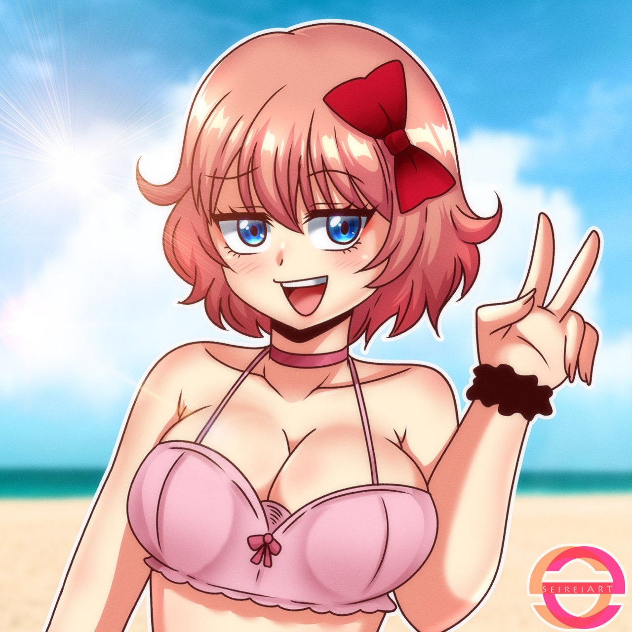 5 fingers, blue eyes, blush, bow, breasts, cleavage, doki doki literature club, female, hairbow, just sayori, outline, red bow, red hair bow, sayori (doki doki literature club), scrunchie, seireiart, strawberry blonde hair