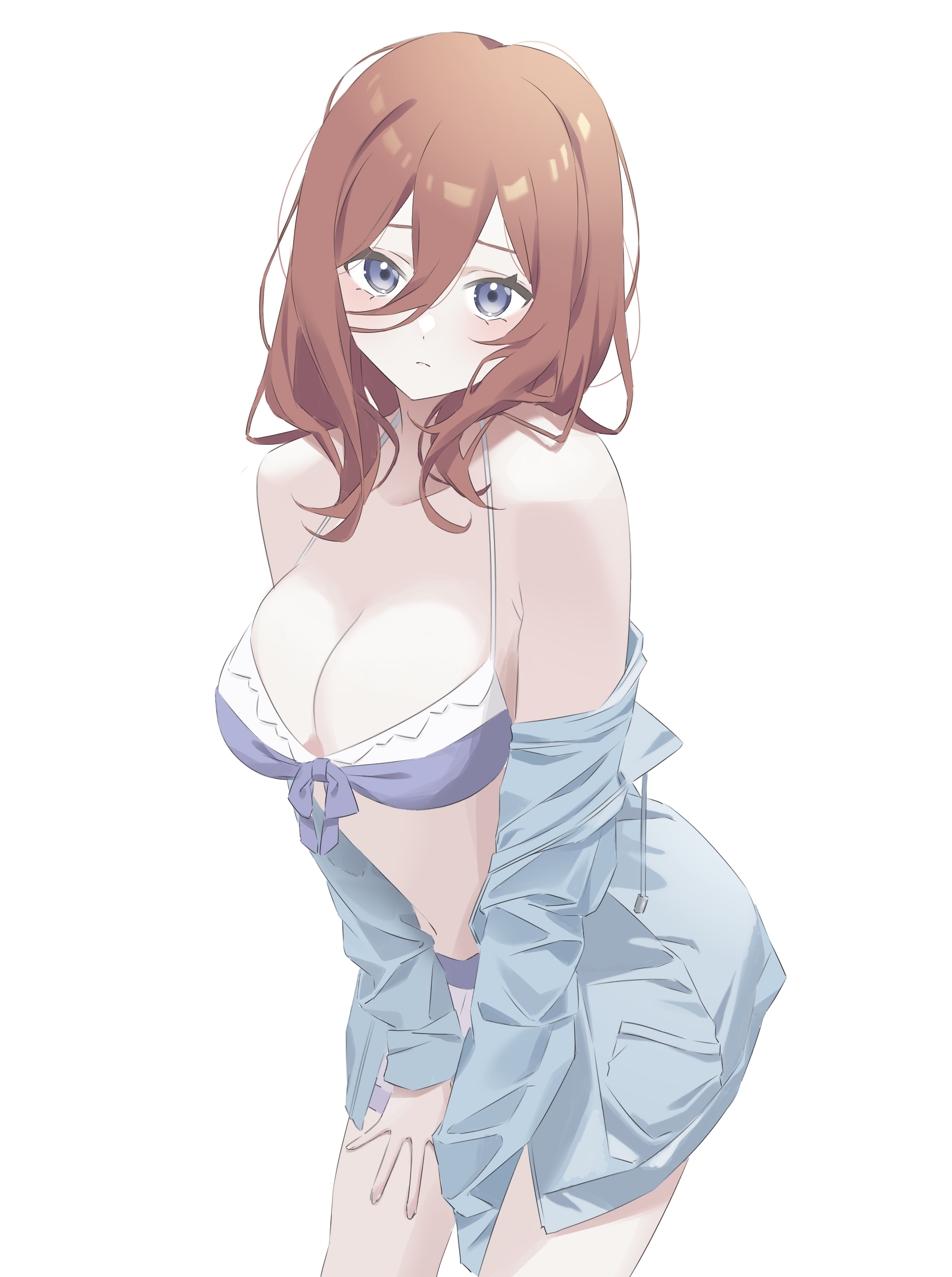 1girls, azuki (ckxs7444), bangs, blue shirt, bra, breasts, brown hair, cleavage, closed mouth, collarbone, embarrassed, female, go-toubun no hanayome, hair between eyes, highres, large breasts, long hair, looking at viewer, nakano miku, purple bra, purple eyes, shirt, shirt down, shy, simple background, solo, standing, underwear, white background