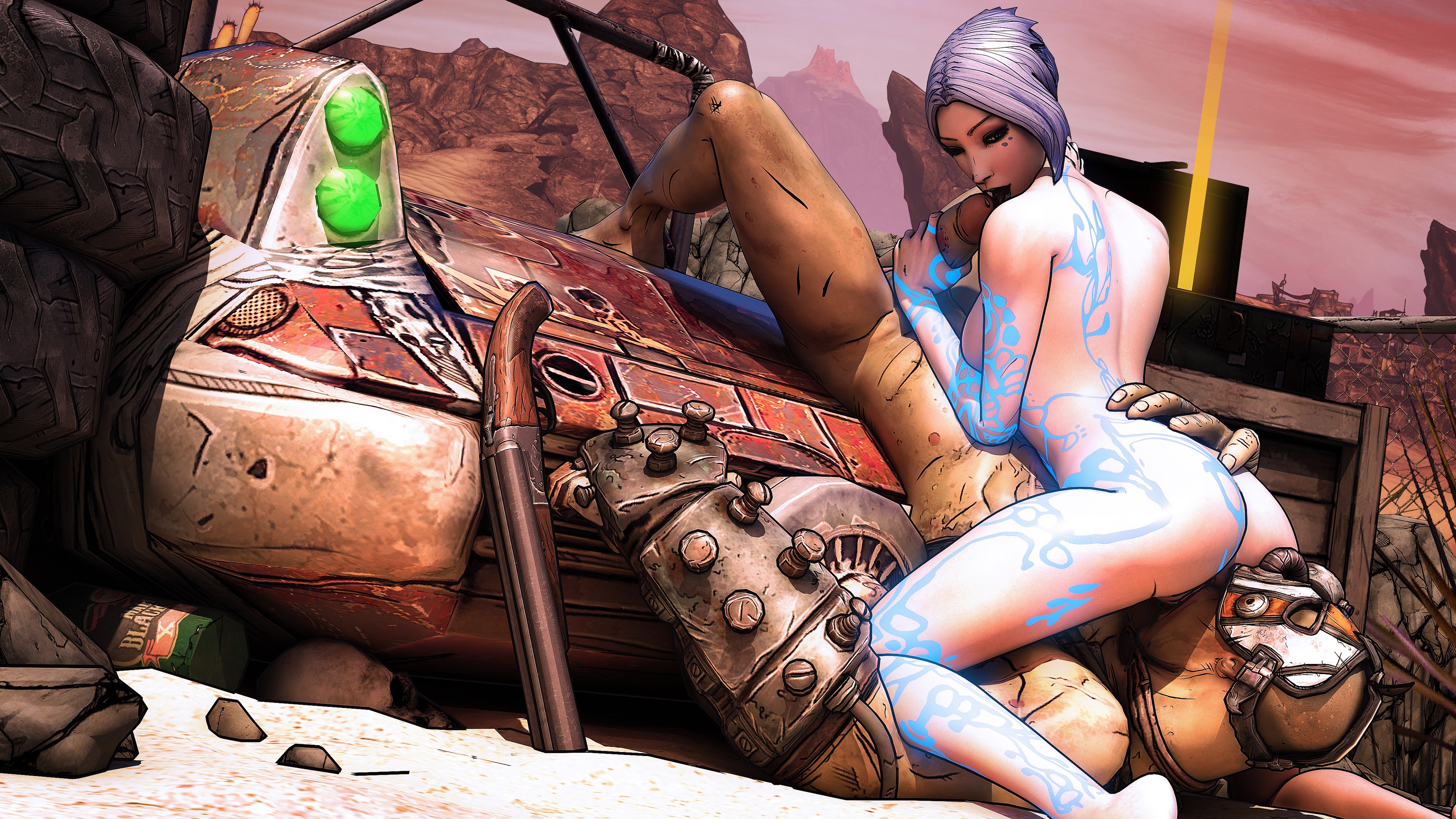 1girls, 3d, 69, asarimaniac, ass, big penis, blowjob, blue hair, blue lipstick, bob cut, body markings, borderlands, borderlands 2, breasts, cunnilingus, female, female on top, glowing markings, glowing tattoo, hand on hip, hand on penis, krieg (borderlands), larger male, male, male on bottom, male/female, maya (borderlands), no source, oral, oral sex, outdoors, penis, pussy, siren (borderlands), siren markings, size difference, smaller female, tattoo, tattoos