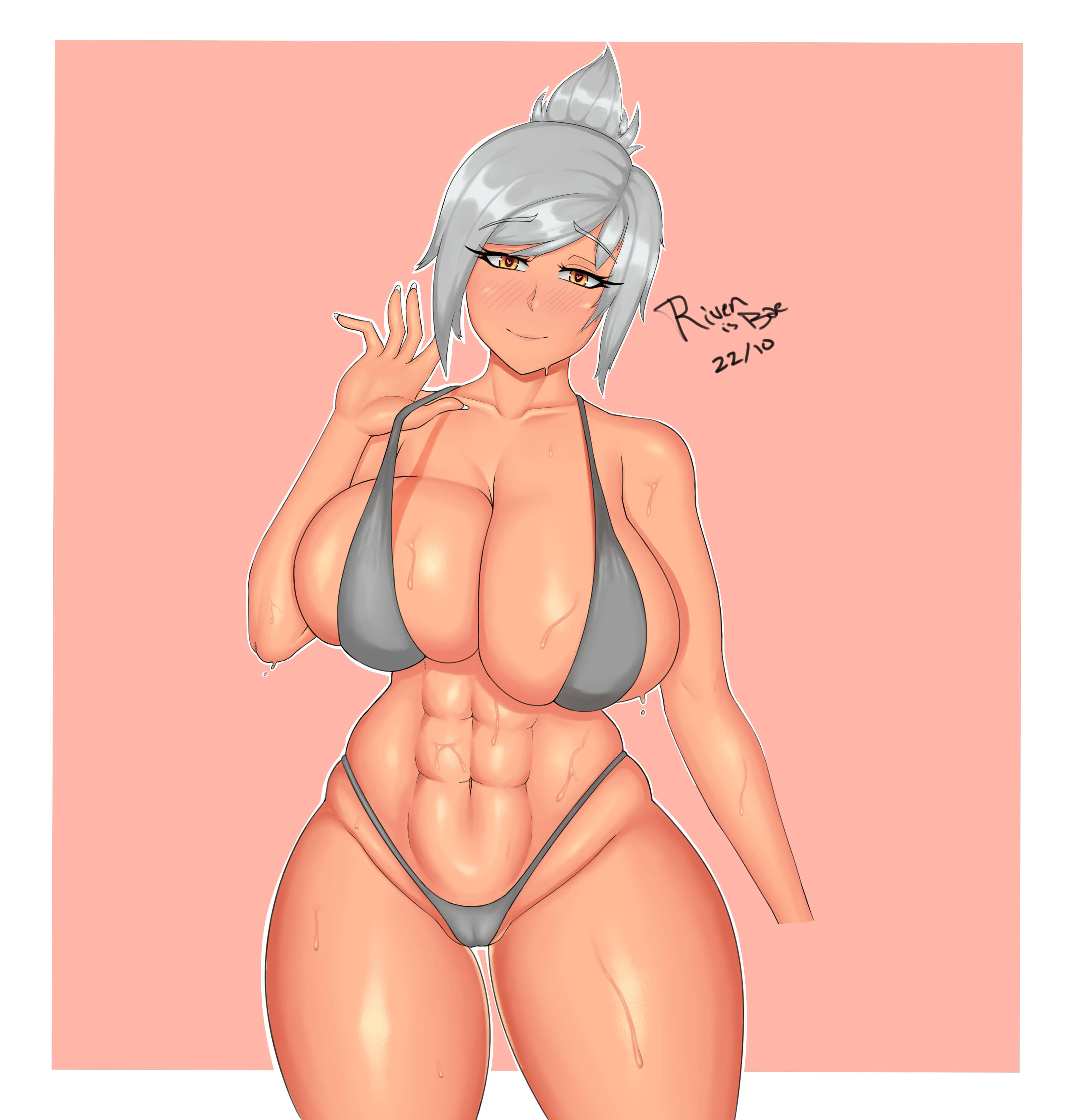 1girls, abs, bikini, blush, breasts, cameltoe, female, heart-shaped pupils, huge breasts, large breasts, league of legends, looking at viewer, pulling clothing, pussy, riven, rivenisbae, simple background, solo, suggestive look, sweat, sweatdrop, sweating, thick thighs, white hair