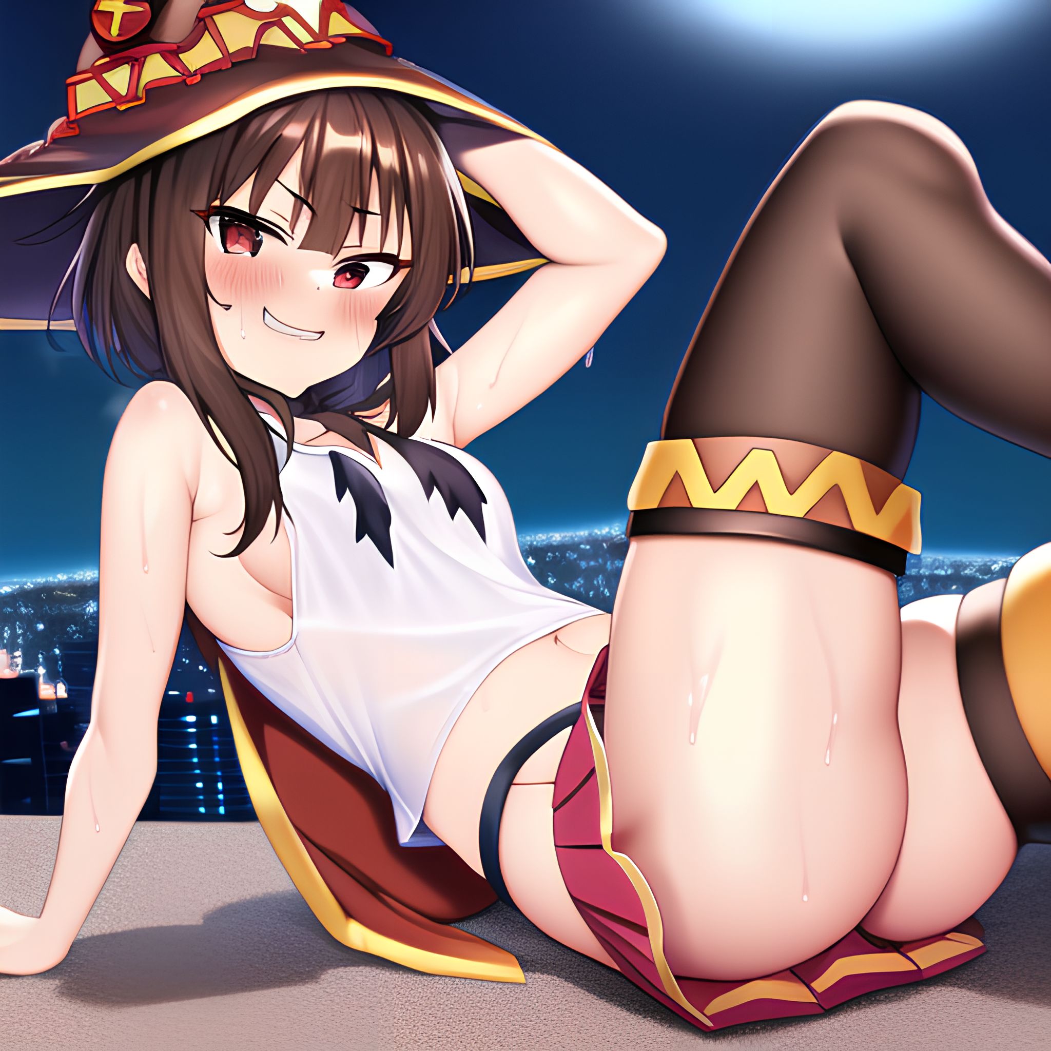 1girls, ai generated, eye contact, female, hat, kono subarashii sekai ni shukufuku wo!, laying on ground, looking at viewer, megumin, nai diffusion, skirt, smug, smug face, smug grin, stable diffusion, sweat, sweatdrop, thick thighs, thigh highs, thighhighs, thighs
