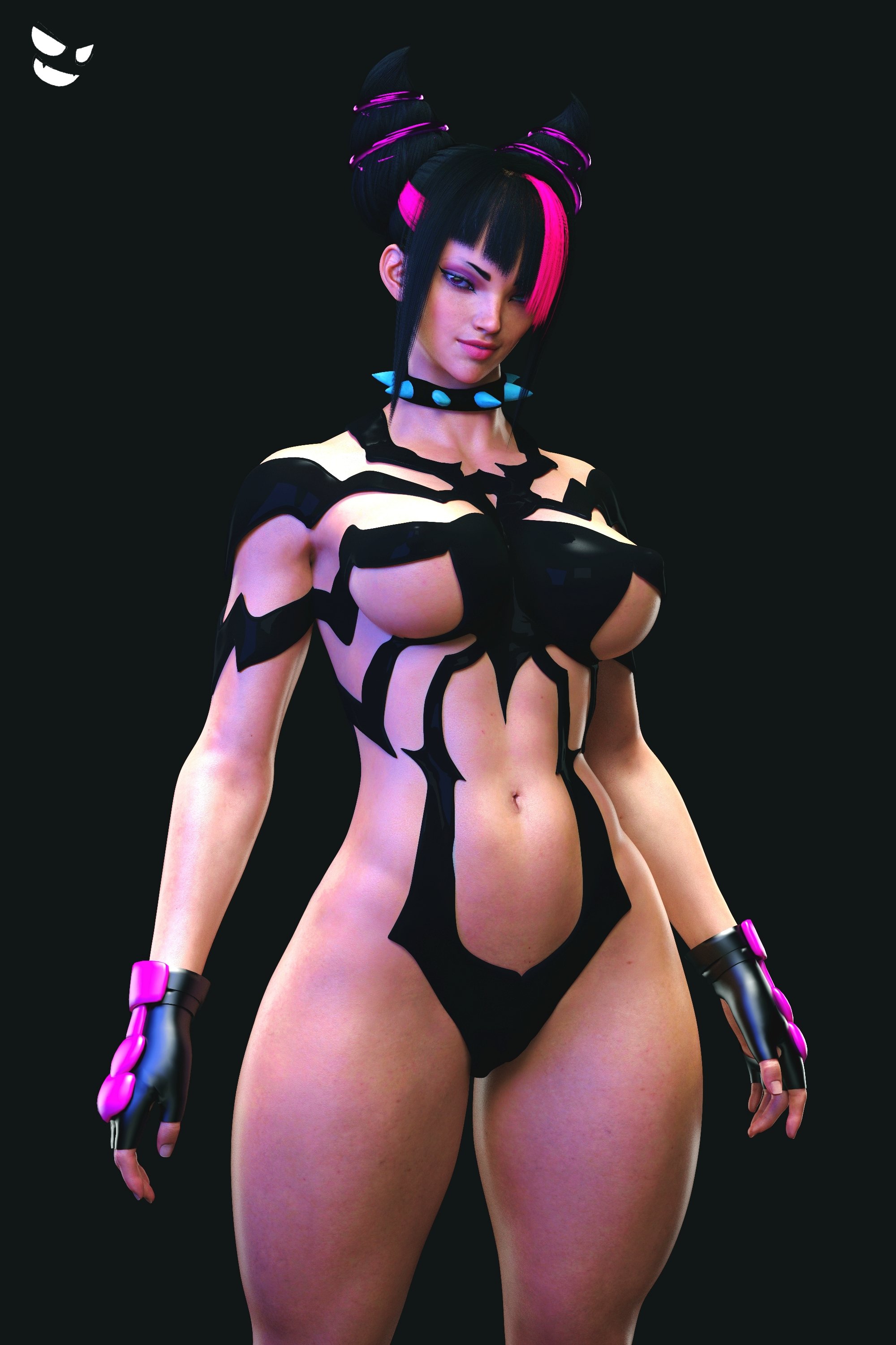 1girls, 3d, abs, absurd res, absurdres, asian, asian female, asymmetrical bangs, bangs, bare arms, bare legs, bare skin, bare thighs, big breasts, black hair, body tape, breasts, busty, capcom, child bearing hips, clothed, clothing, eyelashes, eyeliner, eyeshadow, female, female focus, female only, fingerless gloves, fingernails, fit, fit female, gloves, gm studios, hi res, high resolution, highres, hime cut, hips, juri han, large breasts, large filesize, lipstick, looking at viewer, makeup, medium hair, navel, pink hair, purple eyes, shoulder length hair, skimpy, skimpy clothes, solo, solo female, solo focus, stomach, street fighter, street fighter 6, thick thighs, thighs, toned, toned arms, toned body, toned female, twin buns, two-tone hair, very high resolution