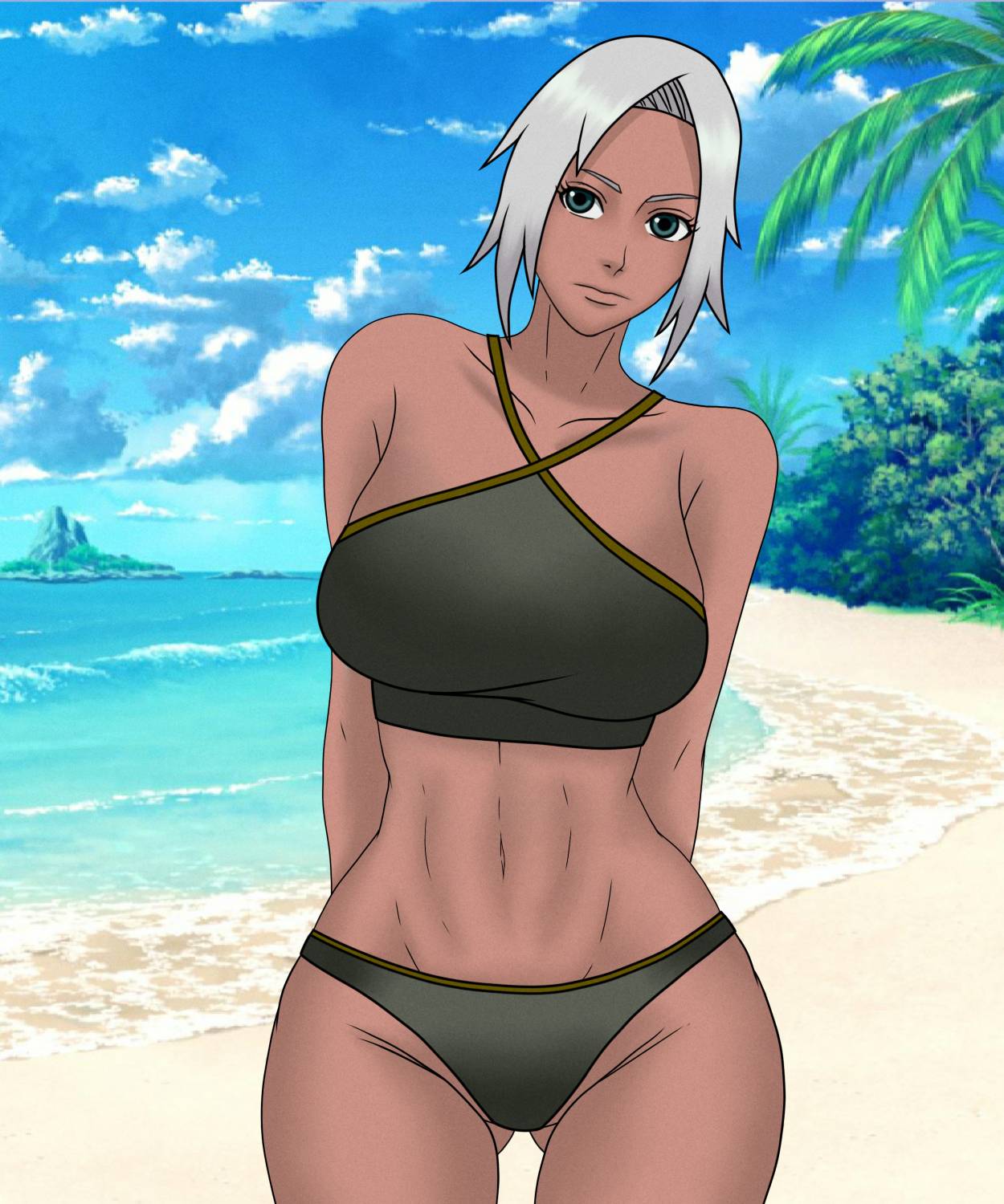 1girls adapted_costume arms_behind_back beach blue_eyes cropped_legs dark-skinned_female dark_skin feet_out_of_frame female female_only fully_clothed looking_at_viewer mabui midriff naruto naruto_(series) naruto_shippuden ocean outdoors palm_tree sand sea seaside silver_hair solo solo_focus sutokatsu swimsuit water wide_hips