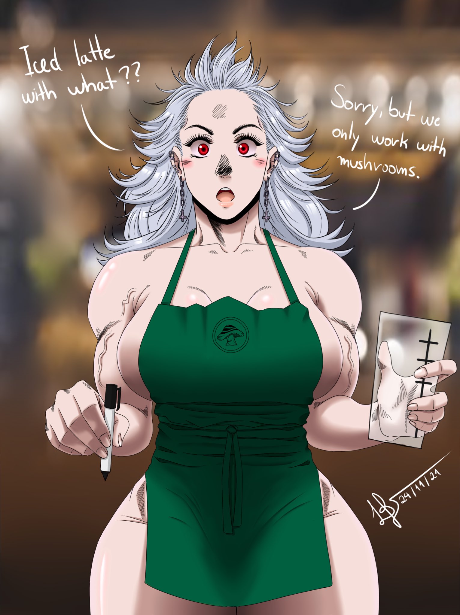 1girls, apron, apron only, artist request, breasts, cleavage, confused, dorohedoro, female, female only, iced latte with breast milk, large breasts, looking at viewer, meme, muscular, muscular female, noi (dorohedoro), red eyes, silver hair, solo, solo female, source request, starbucks, talking to viewer, white hair