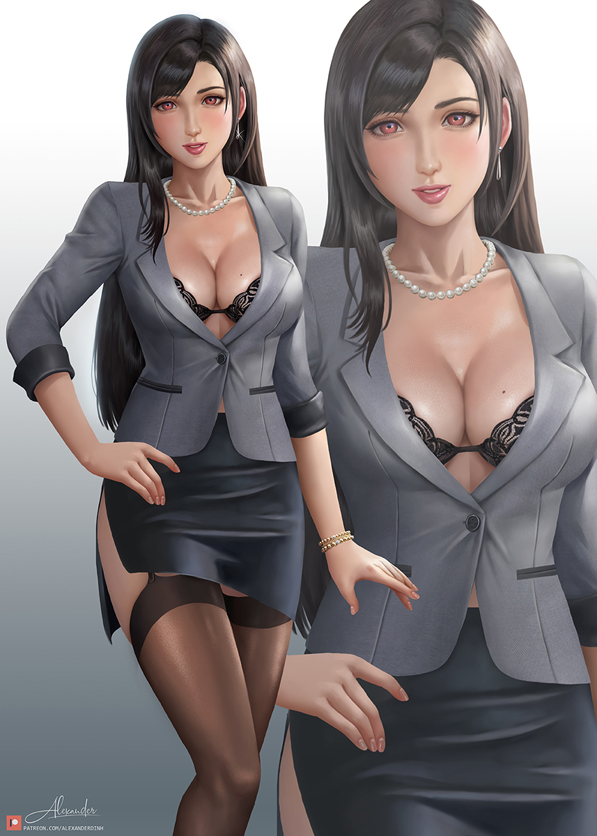 1girls, alexander dinh, big breasts, black bra, black lingerie, bra, bra peek, breasts, brown hair, cleavage, female, female only, final fantasy, final fantasy vii, final fantasy vii remake, garter straps, italian senate hack, large breasts, lingerie, long hair, meme, miniskirt, office clothing, office lady, open jacket, pencil skirt, red eyes, secretary, side slit, square enix, stockings, tifa lockhart