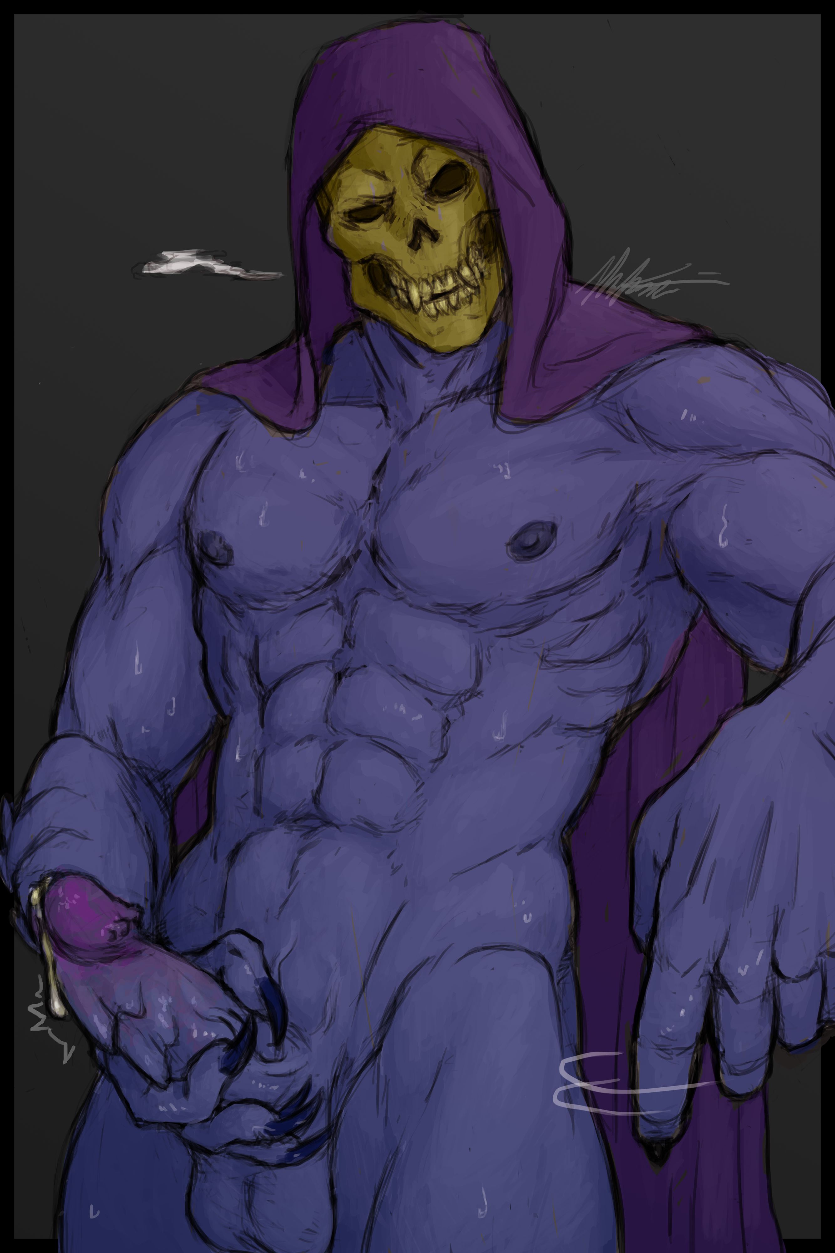 2d (artwork), alternate version available, big penis, blue skin, hand on penis, looking at viewer, male, male only, masters of the universe, masters of the universe revelation, masturbation, muscular, muscular male, navel, nipples, penis, precum, sharp fingernails, skeleton, skeletor, skull, skull head, solo male, spiked penis