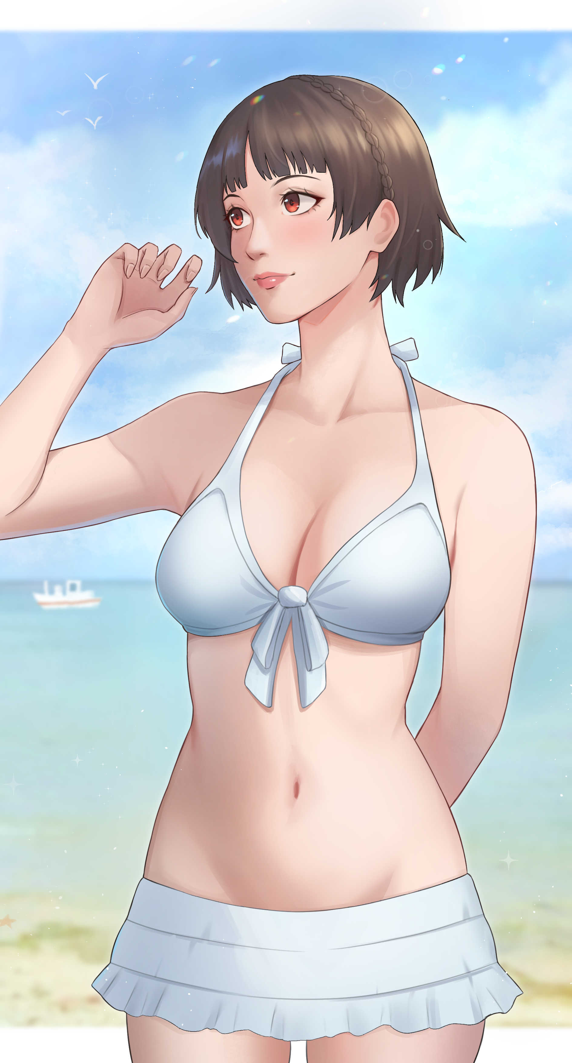 1girls, 2023, 2d, 2d (artwork), atlus, beach, birds, boat, breasts, brown hair, cleavage, female, female only, human, human only, ikhwan maulana, looking away, makoto niijima, outdoors, persona, persona 5, questionable, red eyes, sfw, short hair, smiling, solo, solo female, vehicle