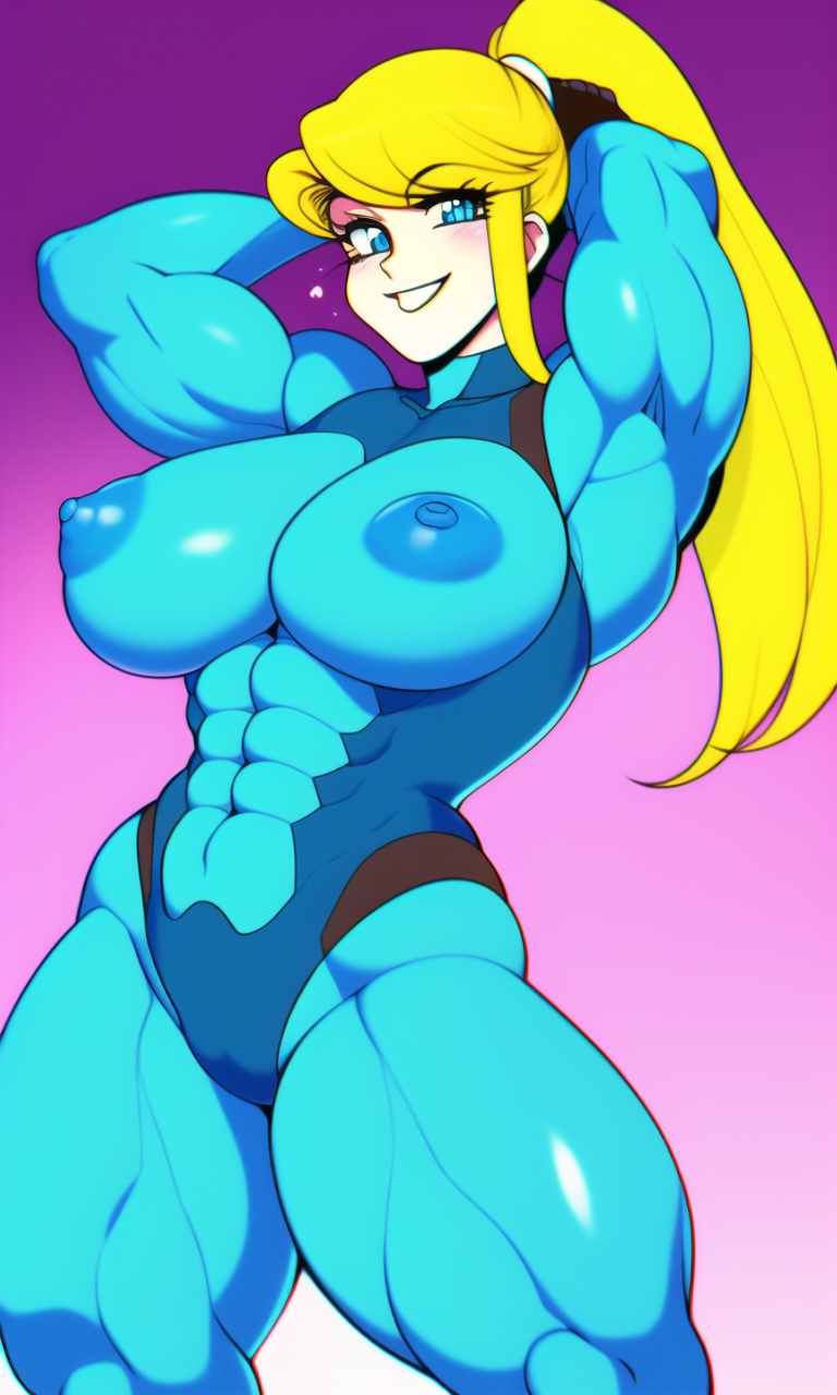 abs, ai generated, armpits, blonde hair, blue eyes, bodysuit, breasts, female, huge breasts, large breasts, metroid, muscular, muscular female, nai diffusion, nintendo, ponytail, samus aran, smile, solo, stable diffusion