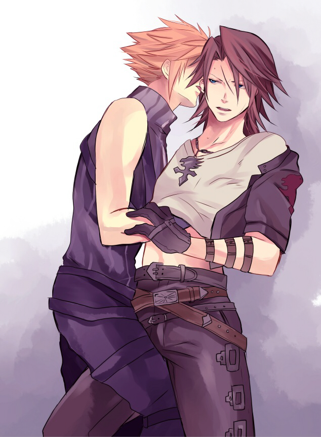 2boys blonde_hair cloud_strife crossover dissidia dissidia_final_fantasy final_fantasy final_fantasy_vii final_fantasy_viii gloves hand_under_shirt knee_on_crotch licking_ear male male_only scar scar_on_face squall_leonhart undressing undressing_partner yaoi