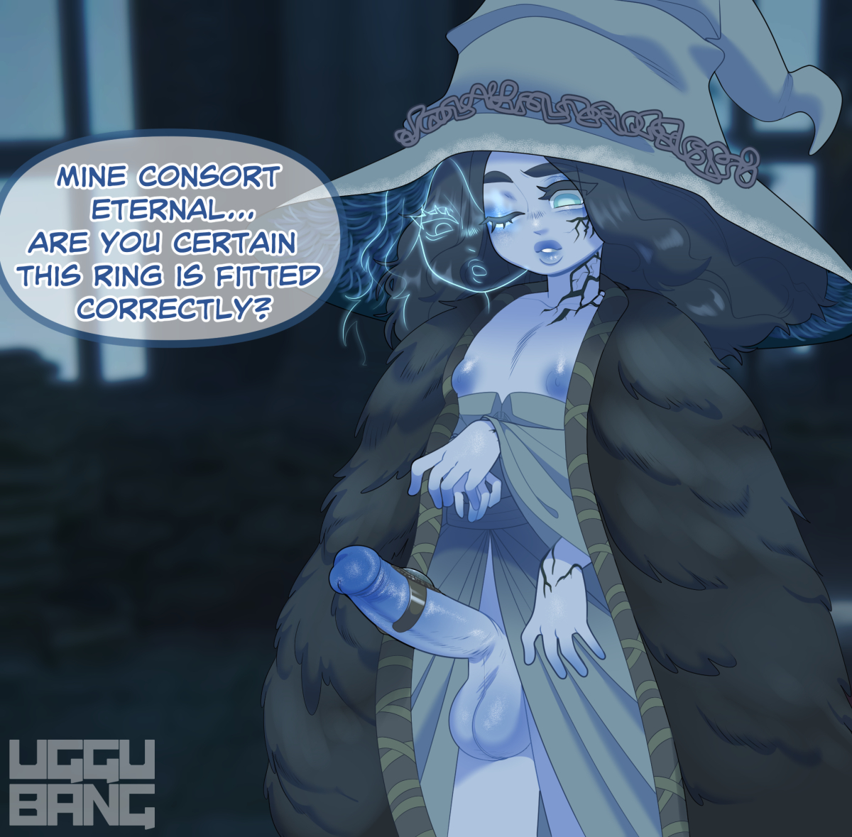 1boy, 2022, balls, big penis, clothed, clothing, cock ring, dialogue, elden ring, erection, femboy, fromsoftware, humanoid, humanoid penis, male, male only, male ranni, mostly clothed, nipples, paid reward, penis, penis out, ranni the witch, rule 63, solo, standing, text, uggu bang, yaoi