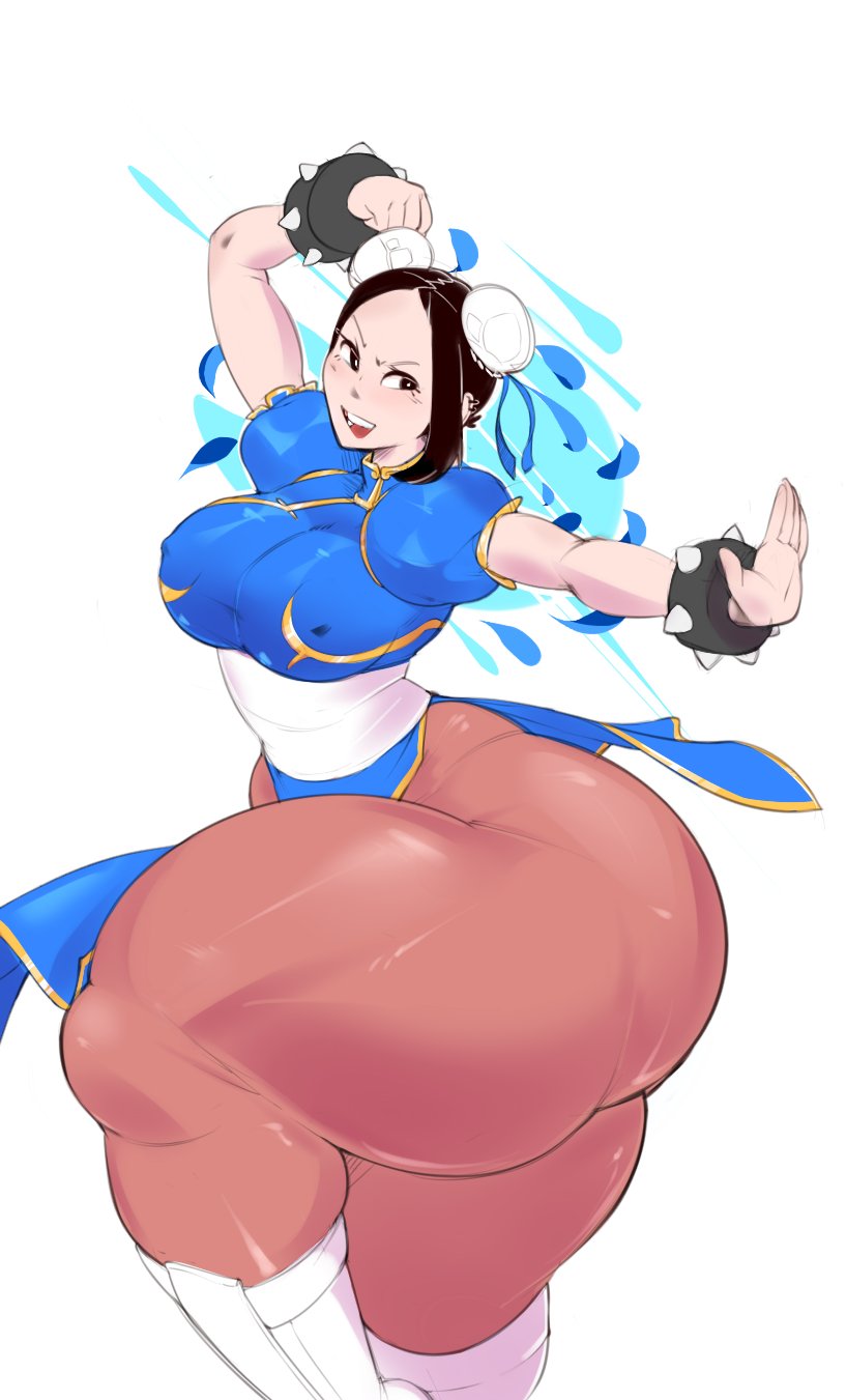 1girls bottom_heavy bulumble-bee chun-li_(cosplay) curvy_female curvy_figure erect_nipples hyper_thighs looking_at_viewer massive_thighs mizuki_(bulumble-bee) nipple_bulge one_leg_up poster simple_background solo_female spiked_bracelet street_fighter thick_thighs thunder_thighs wide_hips