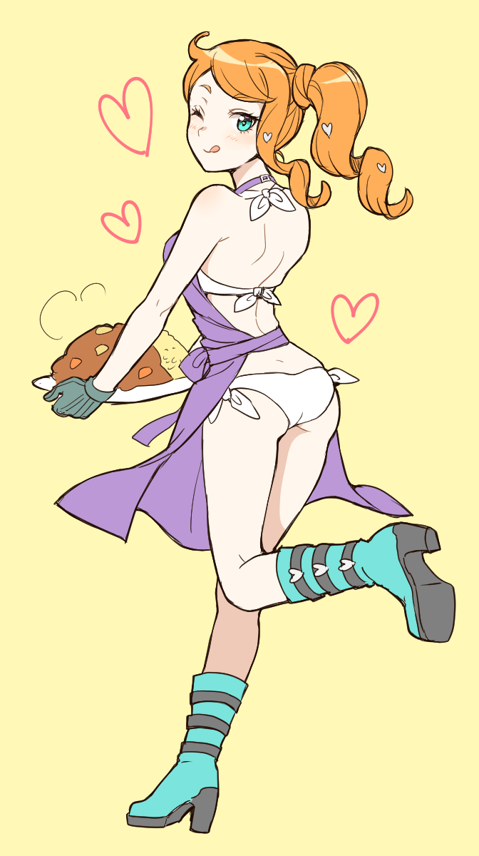 1girls apron aqua_eyes ass back boots bra curry food full_body gloves hair_ornament heart heart_hair_ornament holding_plate looking_at_viewer nintendo nokataro orange_hair panties plate pokemon pokemon_ss ponytail side_ponytail sonia_(pokemon) standing tongue tongue_out yellow_background