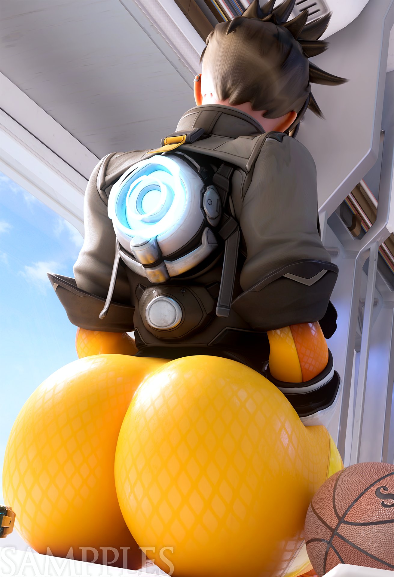 1girls 3d ass back back_view bed big_ass blender blizzard_entertainment breasts brown_hair clothed dat_ass earrings female female_only huge_ass large_breasts overwatch pawg sampples short_hair solo tracer wide_hips