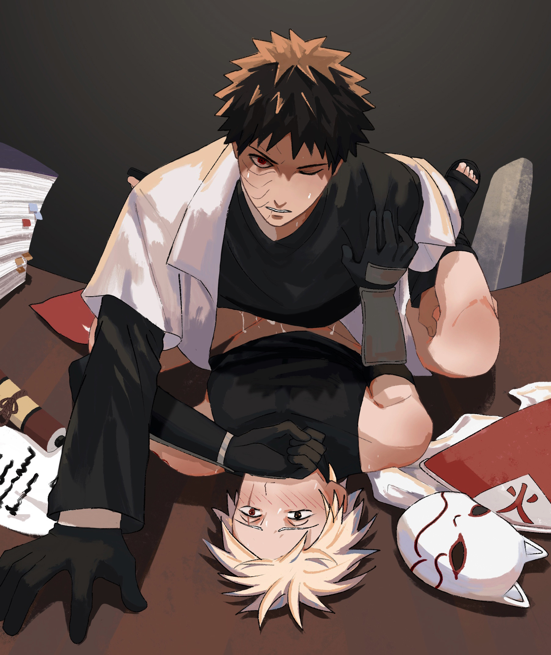 2boys, against table, anal, black gloves, black hair, blush, cum, gay, gloves, grey hair, hat, hatake kakashi, hokage, hokage office, implied sex, indoors, kakashi hatake, leaf obito, looking at viewer, male, male focus, male/male, mask, missionary, multiple boys, multiple males, naruto, naruto (series), naruto shippuden, robe, scar, scar across eye, scar on face, sex, short hair, silver hair, table, uchiha obito, yaoi