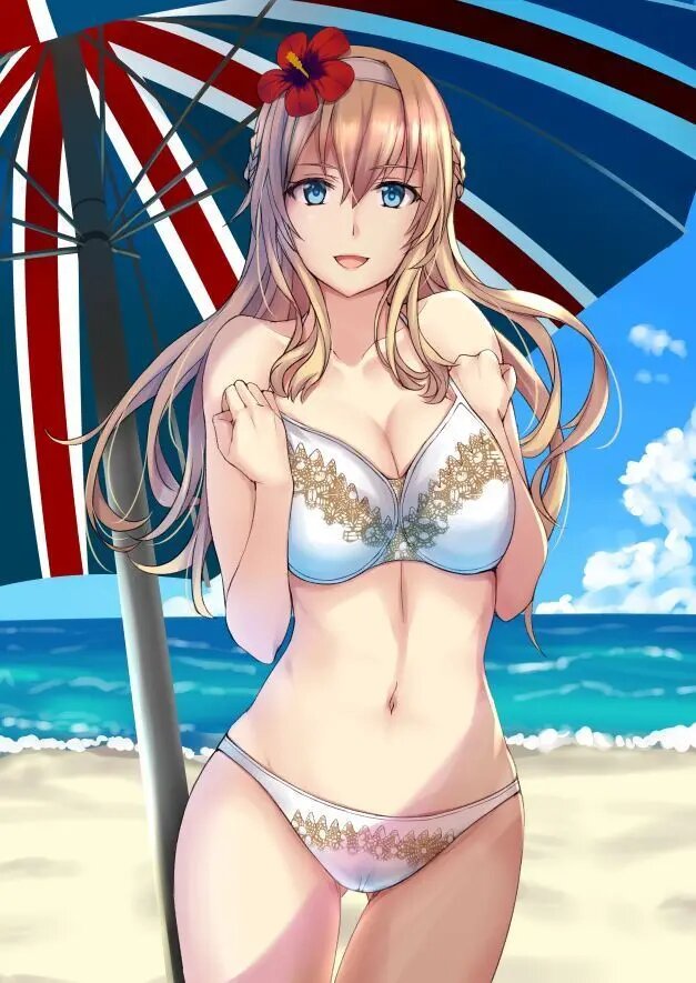 1girls beach big_breasts bikini bikini_bottom bikini_top blonde_hair blue_eyes braided_hair breasts cameltoe eyebrows_visible_through_hair hair_flower hairband hands_on_breasts kantai_collection kuurunaitsu long_hair looking_at_viewer navel pale-skinned_female pale_skin pose posing pov small_breasts smile solo solo_female solo_focus standing umbrella union_jack warspite_(kantai_collection) white_bikini wide_hips