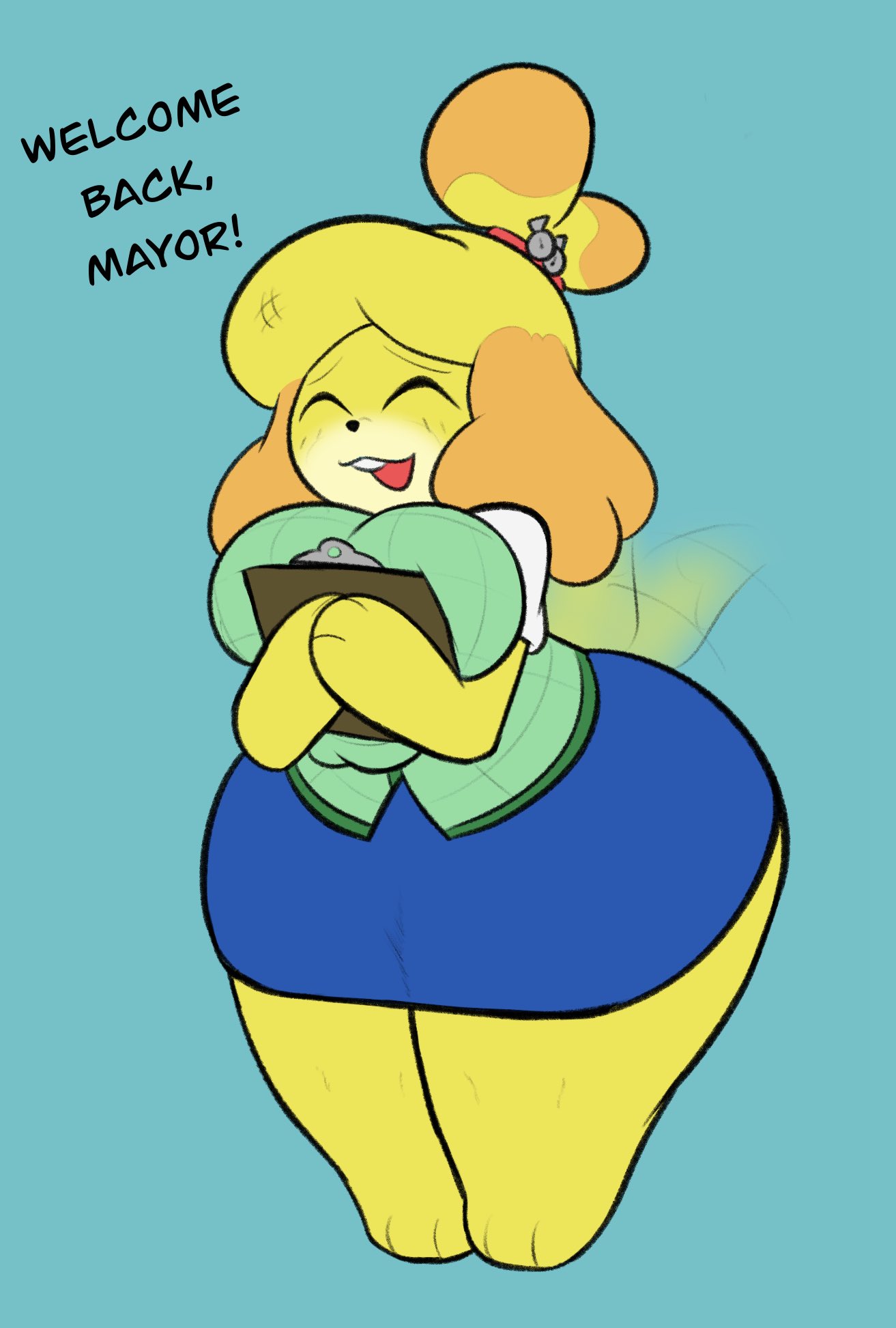 25circle, 2d, animal crossing, anthro, big breasts, breasts, canid, canine, canis, closed eyes, clothed, clothing, dialogue, english text, female, fur, furry, furry only, isabelle (animal crossing), nintendo, office lady, shortstack, solo, tagme, tail, text, thick thighs, wide hips