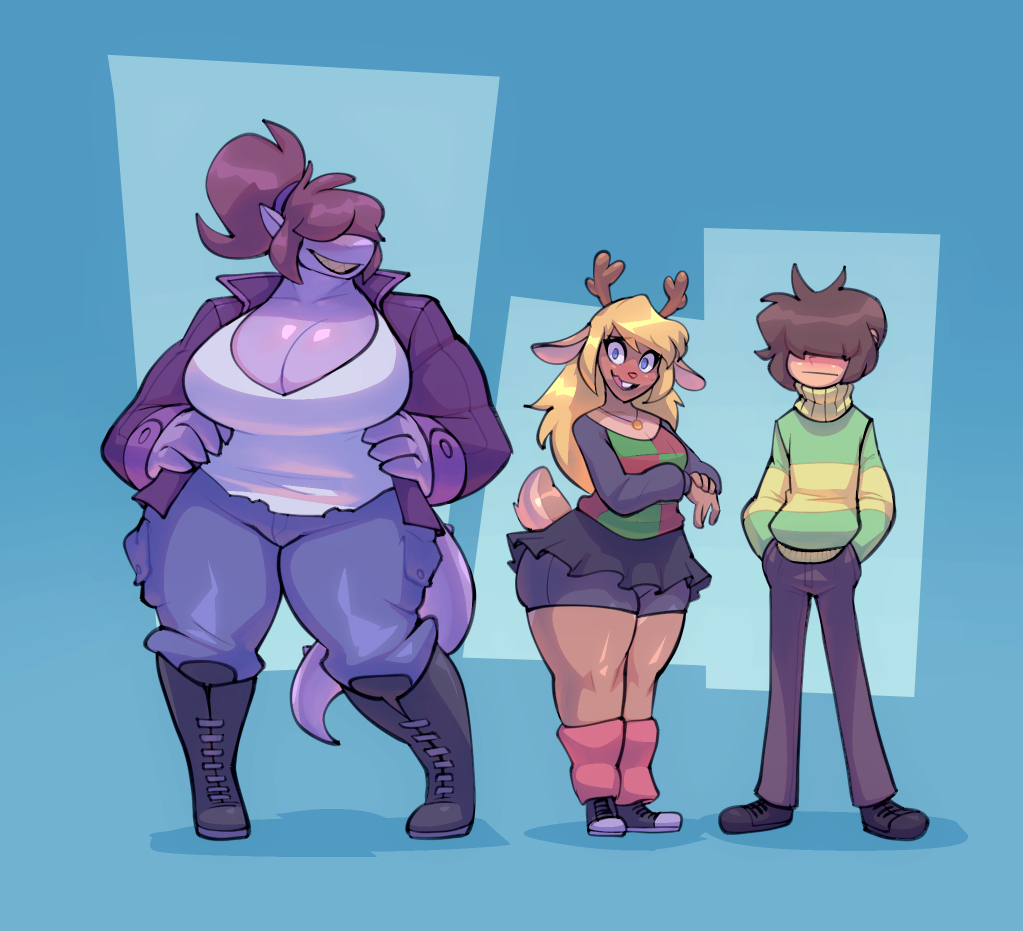1boy, 2girls, anthro, ass, big ass, big breasts, big hips, big nipples, big thighs, bigdad, blue eyes, blush, breasts, cleavage, clothing, deer, deltarune, drip, female, furry, gigantic ass, gigantic breasts, hair over eyes, horn, horny, hourglass figure, huge ass, huge breasts, huge hips, huge thighs, human, kris (deltarune), large ass, large breasts, larger female, licking lips, lizard, male, monster, noelle holiday, purple skin, scalie, size difference, smaller male, susie (deltarune), tail, taller female, tallsmasisusidelund, thick ass, thick legs, thick thighs, undertale (series), wide hips