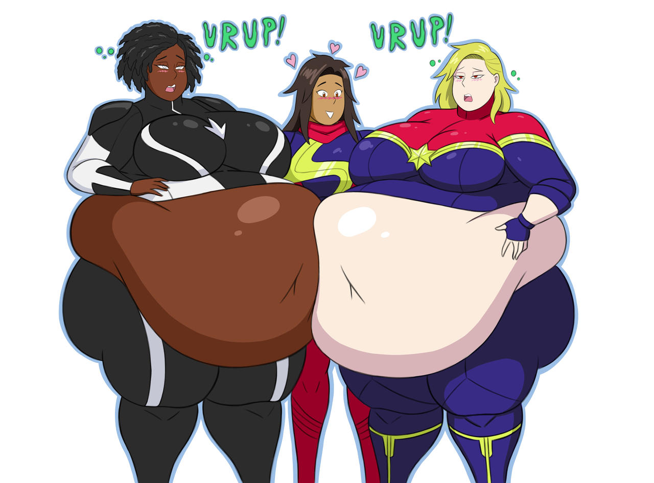 3girls arabian_female belching belly_bigger_than_head black_hair blonde_hair blush breasts_bigger_than_head brown_hair burp burping captain_marvel carol_danvers dark-skinned_female dark_skin dazed fat_ass fat_belly fat_breasts fat_thighs female female_only happy heart huge_ass huge_belly huge_breasts huge_thighs human human_only kamala_khan light-skinned_female light_skin marvel marvel_cinematic_universe mizz-britt monica_rambeau ms._marvel obese photon_(marvel) the_marvels thick_thighs