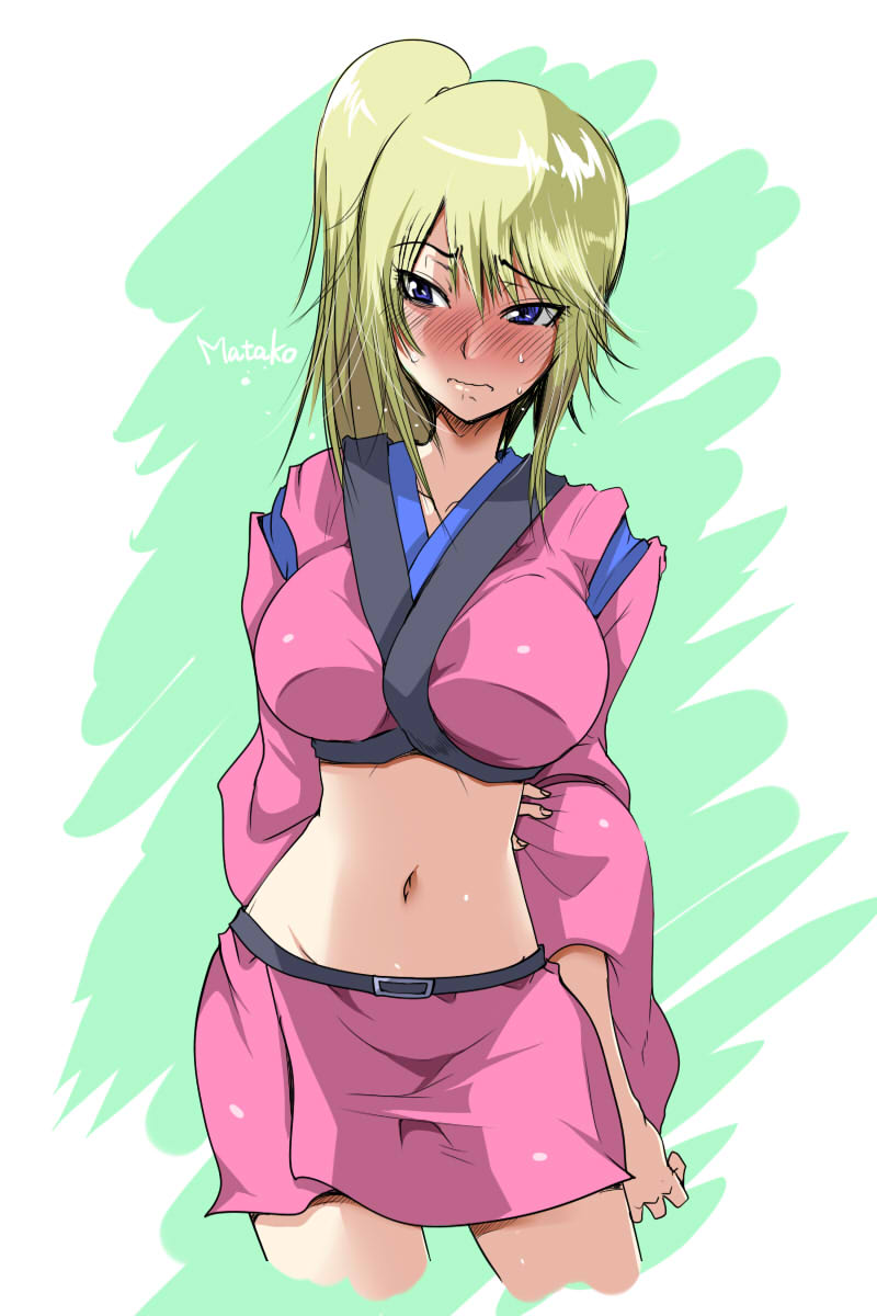 arms_behind_back big_breasts blonde_hair blue_eyes blush crop_top embarrassed female female_only fully_clothed gintama japanese_clothes kijima_matako long_hair looking_away mabahn miniskirt ponytail shy side_ponytail solo sweat wavy_mouth