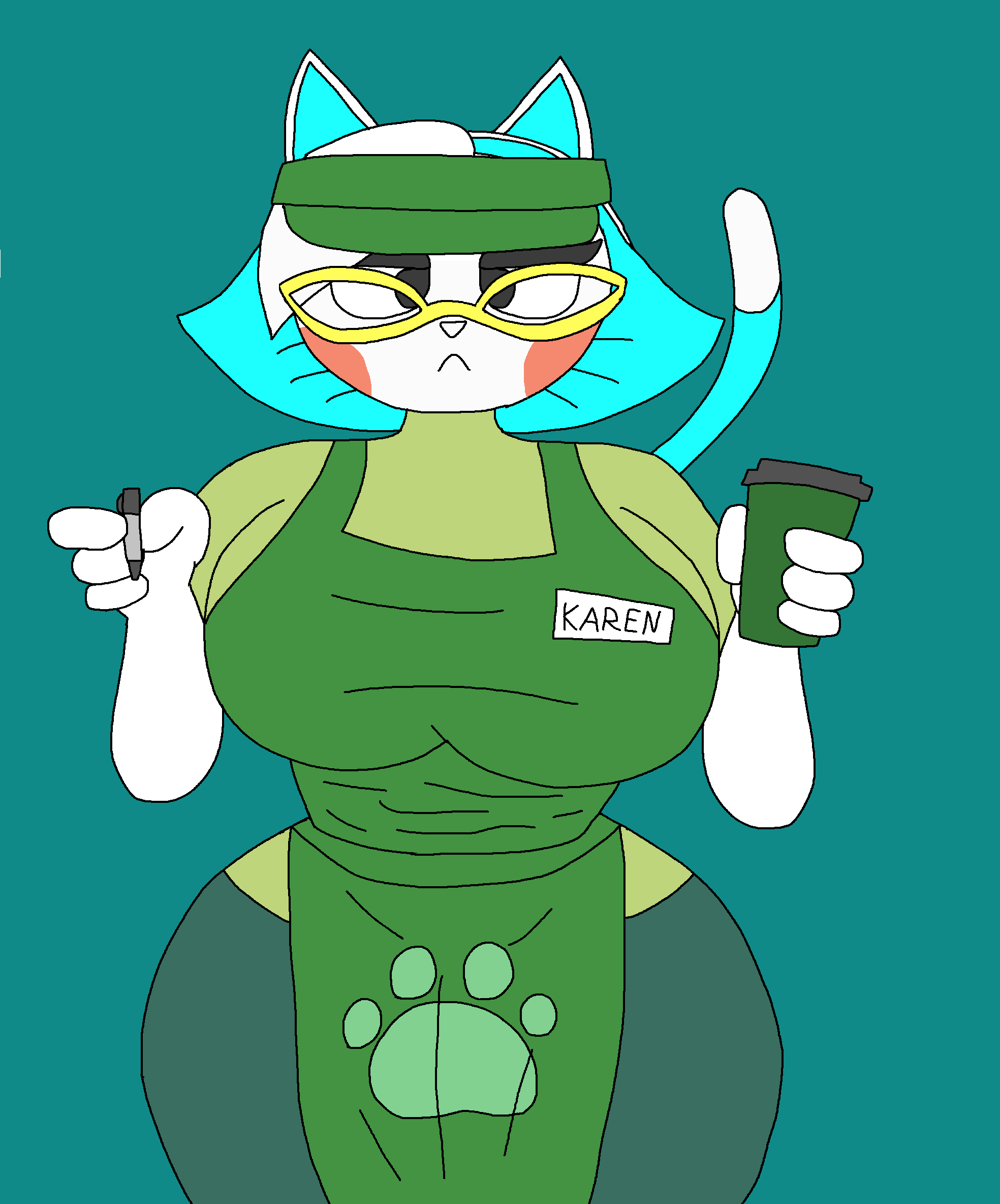 2022 4_fingers barista blue_hair breasts cat_ears coffee_cup color drmasondark eyes_half_open female female_focus female_only frown furry glasses hat holding_cup holding_object iced_latte_with_breast_milk karen_(smg4) karen_katphish meme nametag pen smg4 speech_bubble thick_eyebrows whiskers white_body white_skin yellow_glasses