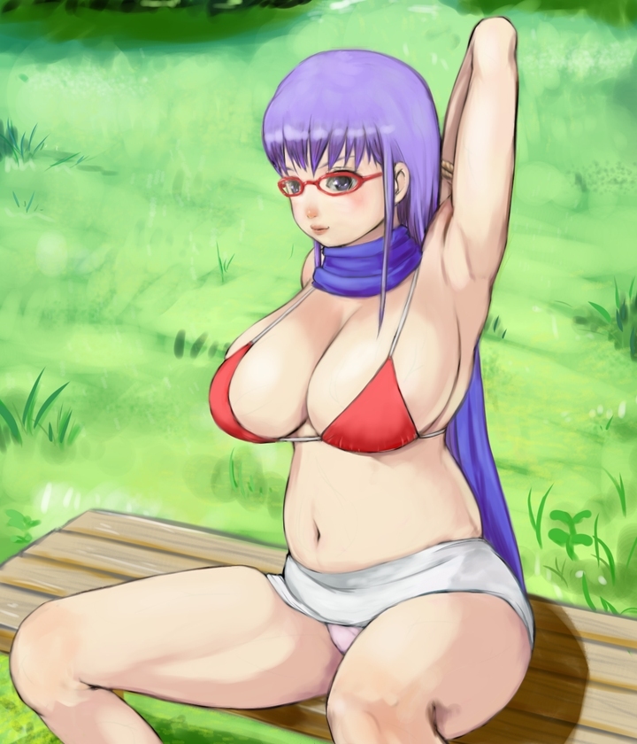 alternate_costume arm_up armpit big_breasts bikini_top cleavage female female_only gintama glasses huge_breasts long_hair miniskirt outside panties pink_panties pitbull_(artist) plump purple_eyes purple_hair red-framed_glasses red_bikini_top sarutobi_ayame scarf sitting slightly_chubby solo upskirt