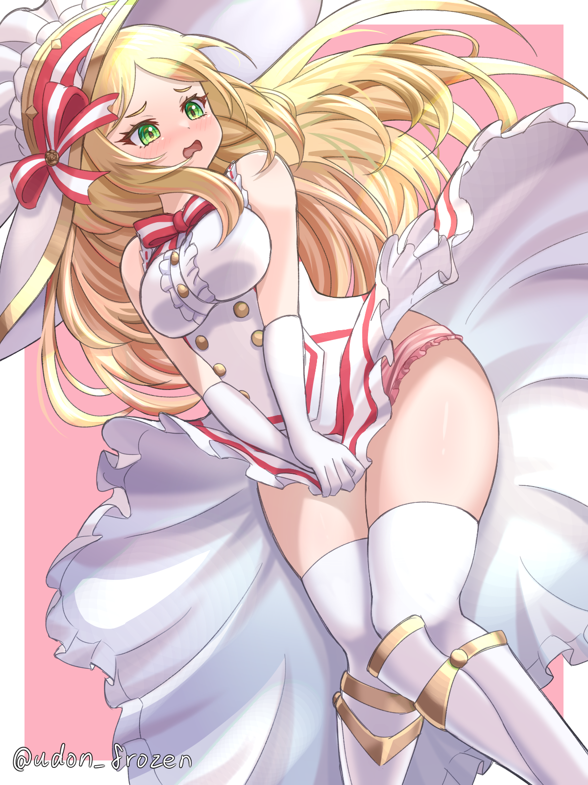 armored boots, artist name, blonde hair, blush, female, green eyes, guardian tales, kneesocks, knight lady lapice (guardian tales), lapice (guardian tales), pink panties, tagme, tagme (artist), upskirt