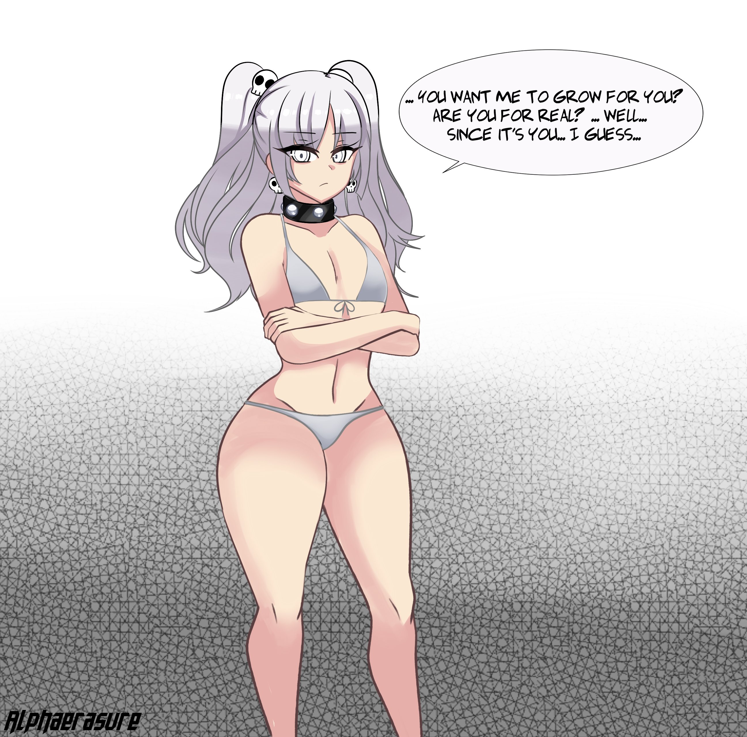 1girls, 2d, alphaerasure, ass, ass expansion, bikini, bra, breast expansion, breast growth, breast growth (enlargement), breasts, character request, dialogue, digital media (artwork), english, english dialogue, english text, expansion, expansion sequence, female, female focus, female only, goth, goth girl, hair, hair ornament, looking at viewer, panties, slim waist, thighs, white eyes, white hair
