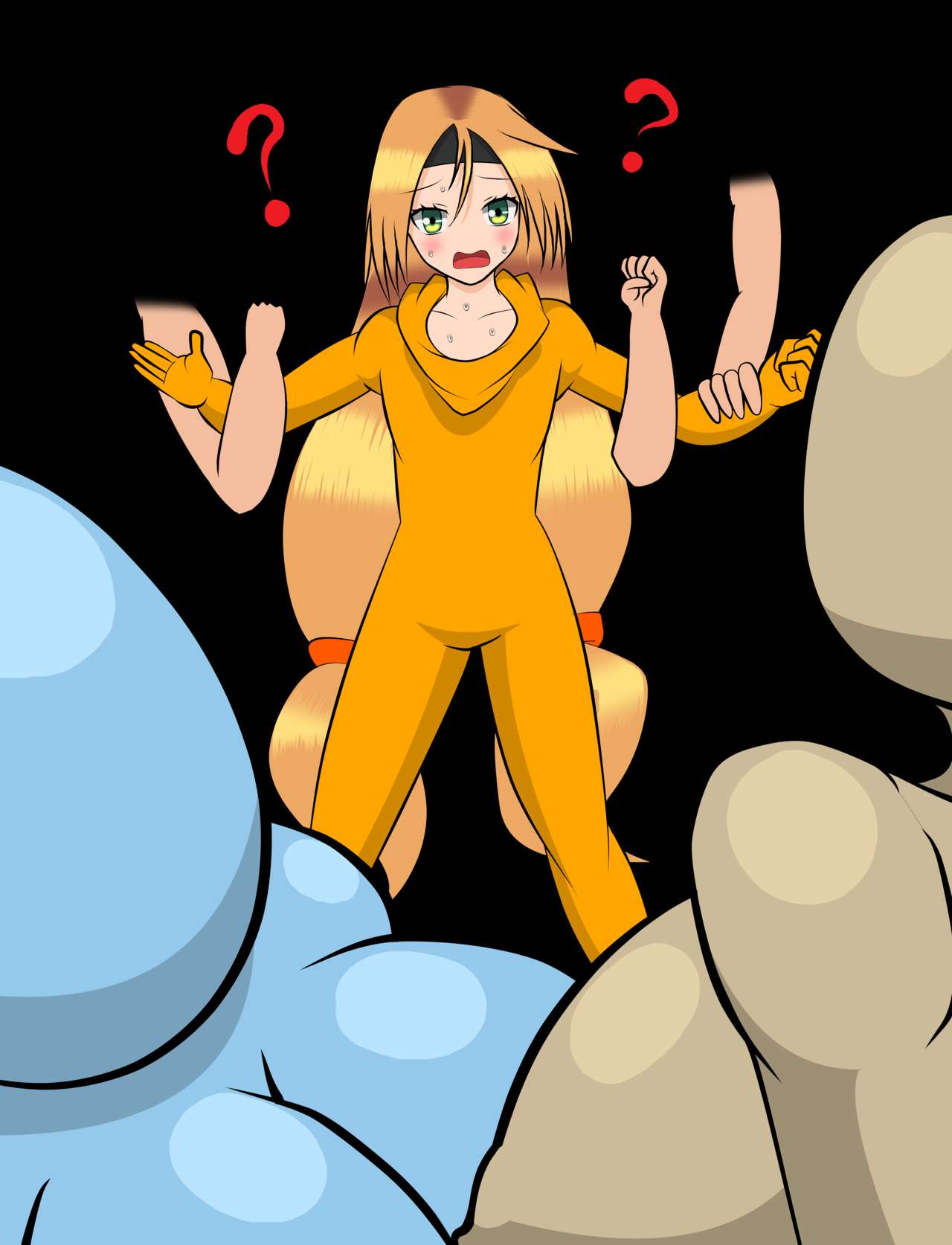 blush breasts full_body_suit green_eyes hi_res large_breasts long_hair masked_female orange_hair zentai