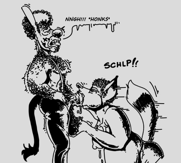 2023 anthro asinus ball_fondling balls big_balls big_penis bizzare bodily_fluids body_hair breasts canid canine chest_hair circus clown cum cum_in_mouth cum_inside deep_throat donkey drinking drinking_cum duo equid equine fondling fox furry genital_fluids genitals grey_background greyscale hairy_pecs human male male/male mammal monochrome nipples olimacdoodles oral pecs penis pubes sex side_view simple_background text toony