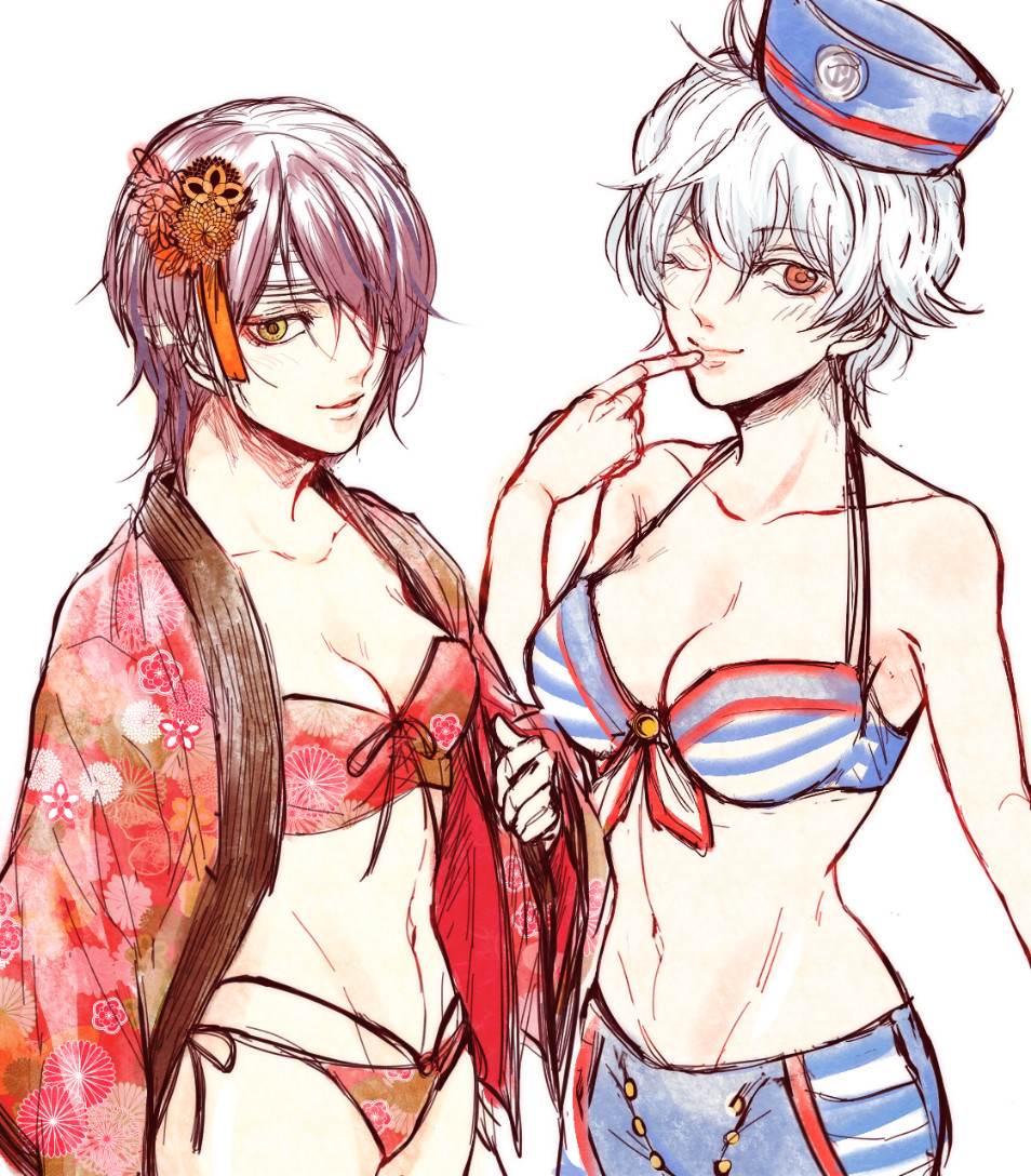 2girls alternate_costume bandages bikini cleavage female female_only finger_to_mouth genderswap_(mtf) gintama gintoki_sakata hair_ornament hair_over_one_eye haori kanzashi looking_at_viewer medium_breasts reinosuke rule_63 sailor_hat short_hair small_breasts smile swimsuit takasugi_shinsuke very_short_hair white_hair wink