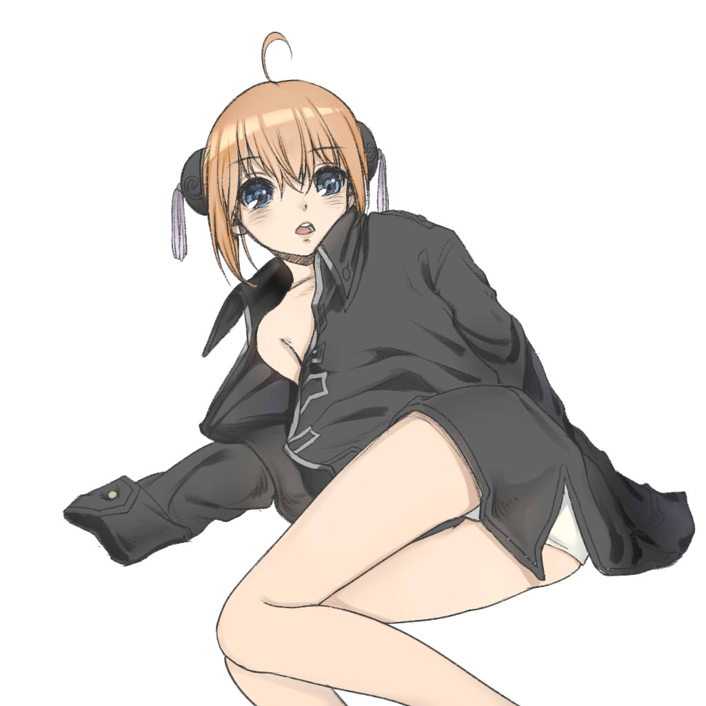 after_sex ahoge blue_eyes blush bun_cover cute double_bun female female_only gintama hair_ornament jacket kagura_(gintama) maker_(pixiv) on_side open_mouth orange_hair panties police_uniform shinsengumi_(gintama) solo wearing_others_clothes white_panties