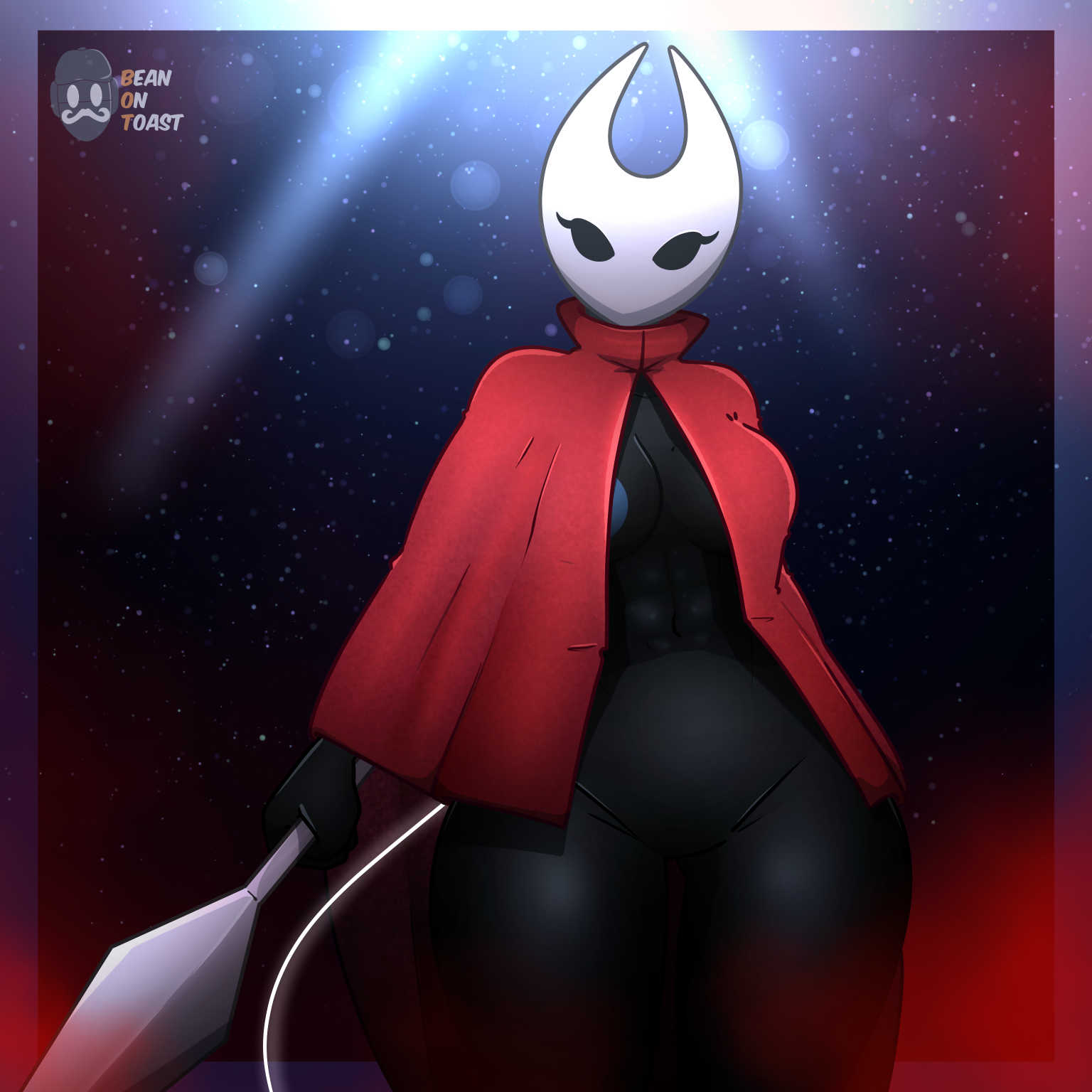 2025, 2d, 2d (artwork), 2d artwork, artist logo, artist name, beanontoast, black body, breasts, female, hollow knight, hollow knight: silksong, hornet (hollow knight), insectoid female, red cape, red clothing, thick thighs