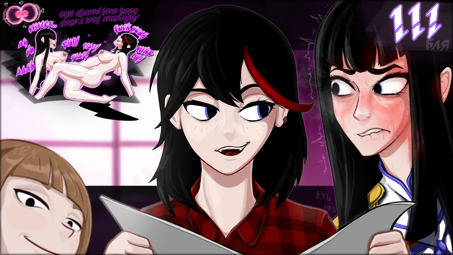 !!!, 3girls, angry masturbation, arm support, biting own lip, black hair, black-haired female, blue eyes, blush, breasts, brown hair, cumming, daftszeller, egg cell, embarrassed, english text, female, female fertilization, female impregnation, female only, female/female, fempreg, fertilized lesbian, frustrated, implied masturbation, impregnated lesbian, impregnation, incest, indoors, kill la kill, kiryuuin satsuki, lesbian breeding, lesbian fertilization, lesbian impregnation, lesbian sex, looking at each other, looking at own porn, looking to the side, mankanshoku mako, matoi ryuuko, multiple females, multiple girls, nude, nude female, offscreen masturbation, open mouth, ovulating, ovulation, ovum, ovum collision, ovum fertilized by ovum, ovum fertilizing ovum, ovum meets ovum, pussy, pussy grinding, pussy to pussy, reading, reading pornography, red highlights, scissoring, sisters, smirk, smug, spread legs, teenage female, teenager, teenager on teenager, text, tribadism, yuri