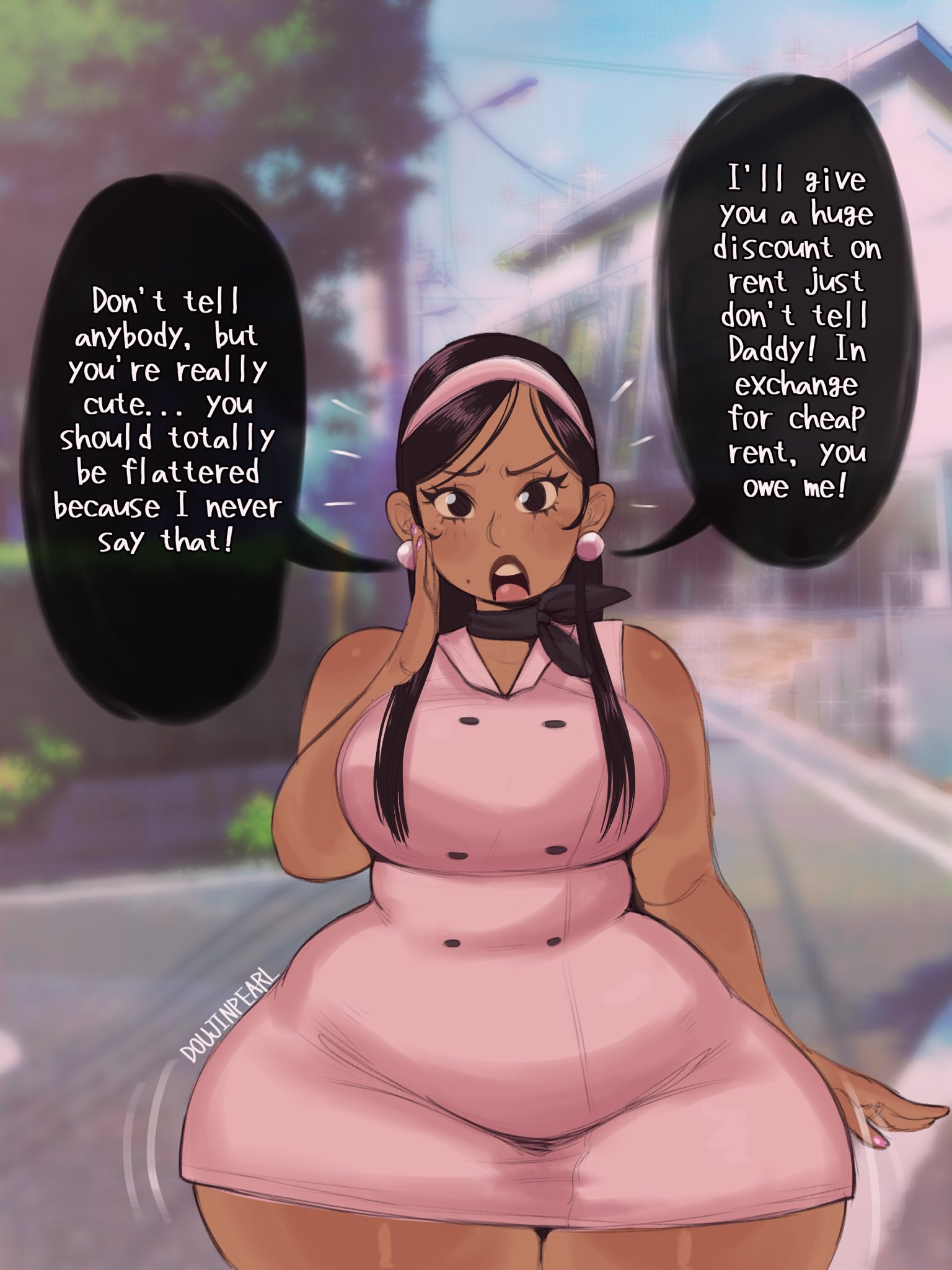 1girls, arms behind back, artist self-insert, belly, blurry background, business attire, collared dress, compliment, confession, dialogue, doing a favor, doujinpearl, english text, female, flirting, hand on cheek, landlord, looking at viewer, oc, offering, pearl (doujinpearl), real background, rich female, secretive, self insert, skindentation, talking to viewer, text, thick hips, thick thighs, thick waist, venus body, voluptuous female, watermark