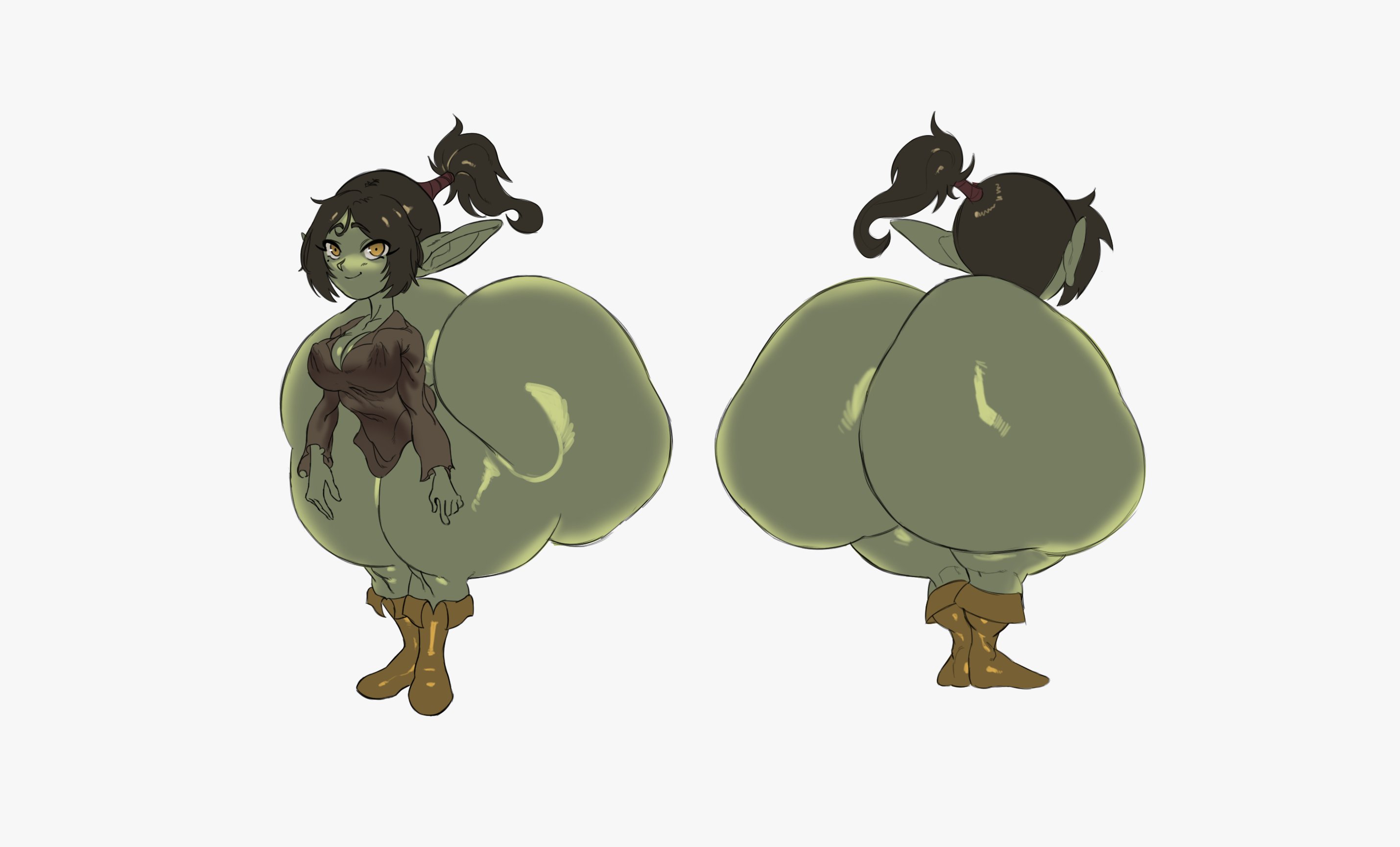 1girls, ass, ass bigger than head, ass bigger than torso, big ass, big butt, black hair, cleavage, edda (undergroundj), female, goblin, goblin female, green skin, huge ass, huge butt, pointy ears, ponytail, solo female, standing, thick thighs, thighs bigger than head, thighs bigger than torso, undergroundj, white background, yellow eyes