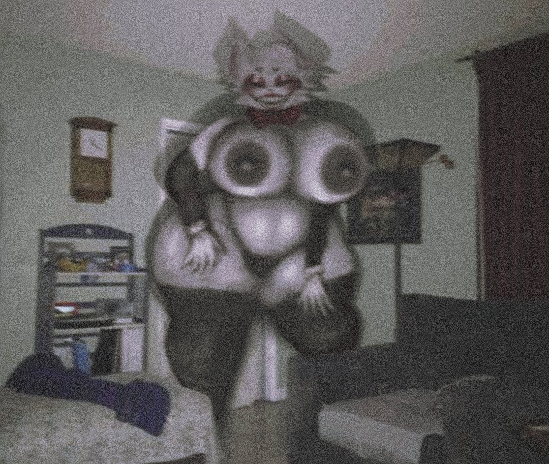 2025, anthro, armwear, big breasts, big smile, bikini bottom, boykisser, breasts, breasts bigger than head, catgirl, dark room, eyeshadow, feline humanoid, female, female focus, flashlight, fur, furry, giantess, grin, guhg kemon, house, huge breasts, makeup, massive thighs, mixed media, monster, monster girl, nightmare waifu, sharp teeth, smile, thick thighs, thighhighs, toothy grin, white fur