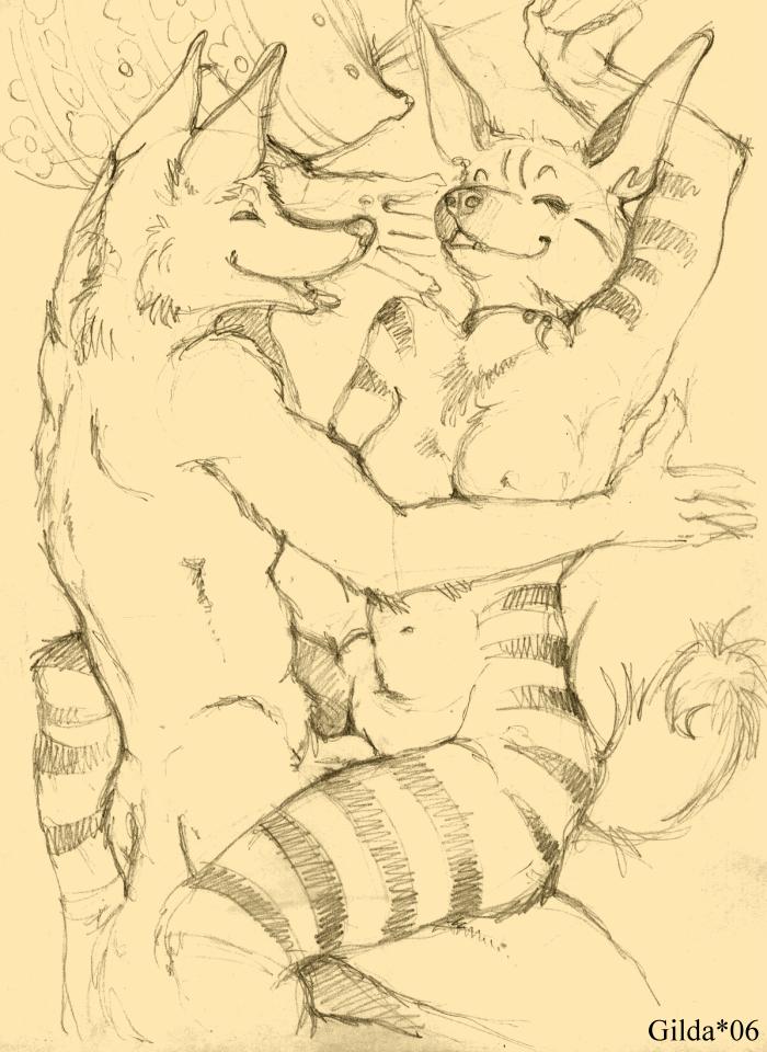 2006 bed breasts canine couple female fox fur furry_ears furry_tail hyena male pencils sanssouci sex sketch straight tail