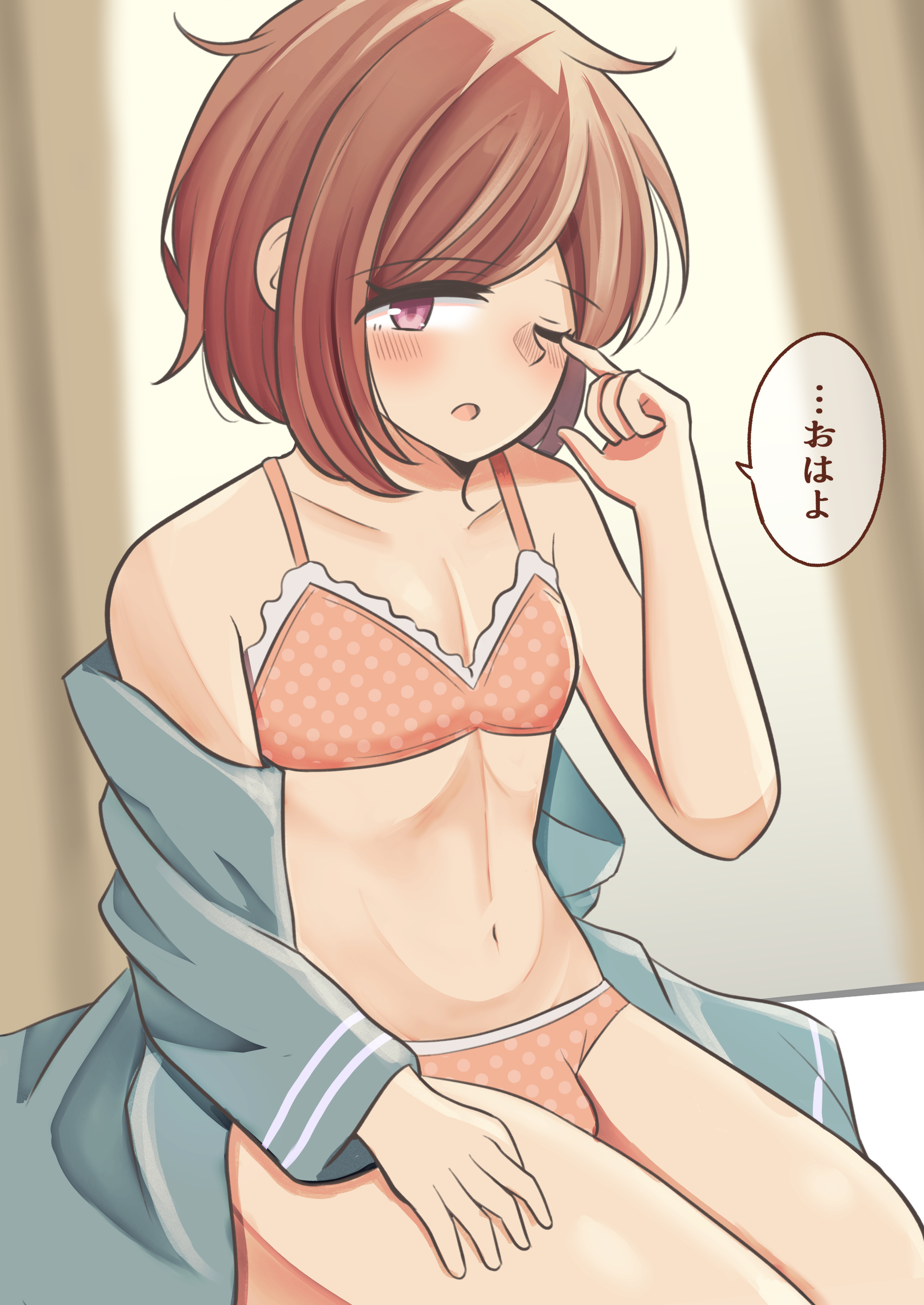 1boy, bedroom, bra, bulge, crossdressing, femboy, good morning, implied relationship, just woke up, kneeling, kneeling on bed, looking at viewer, male, morning, nebokegohan, otoko no ko, panties, penis, polka dot bra, polka dot panties, rubbing eyes, sleepy, slender body, solo, trap
