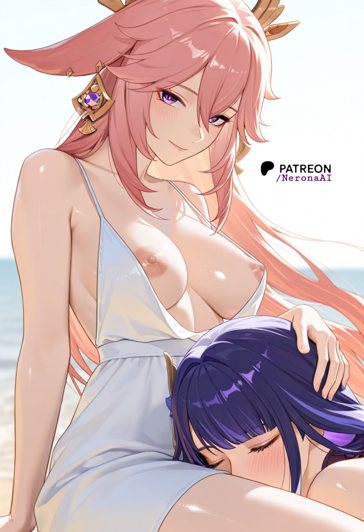 ai, ai assisted, ai generated, beach, between legs, blush, breasts, female, genshin impact, kissing, lesbian couple, looking at viewer, love, neronaai, nipples, pink hair, purple hair, raiden shogun, summer, vacation, yae miko, yuri