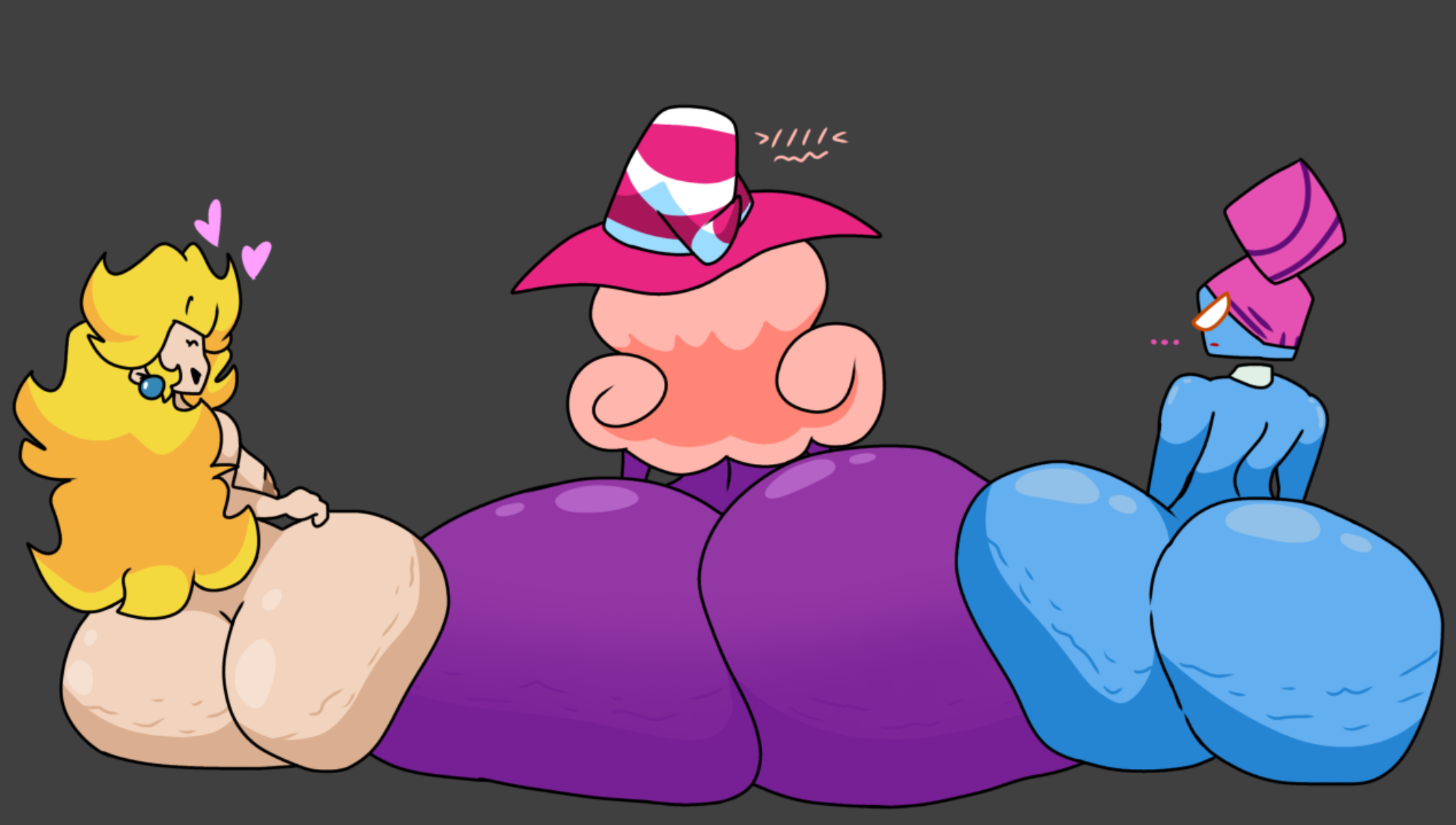 3girls, asinine247, ass focus, back view, big ass, big butt, cellulite, female, mario (series), nastasia, nintendo, paper mario, paper mario: the thousand-year door, paper peach, princess peach, super paper mario, vivian (paper mario)