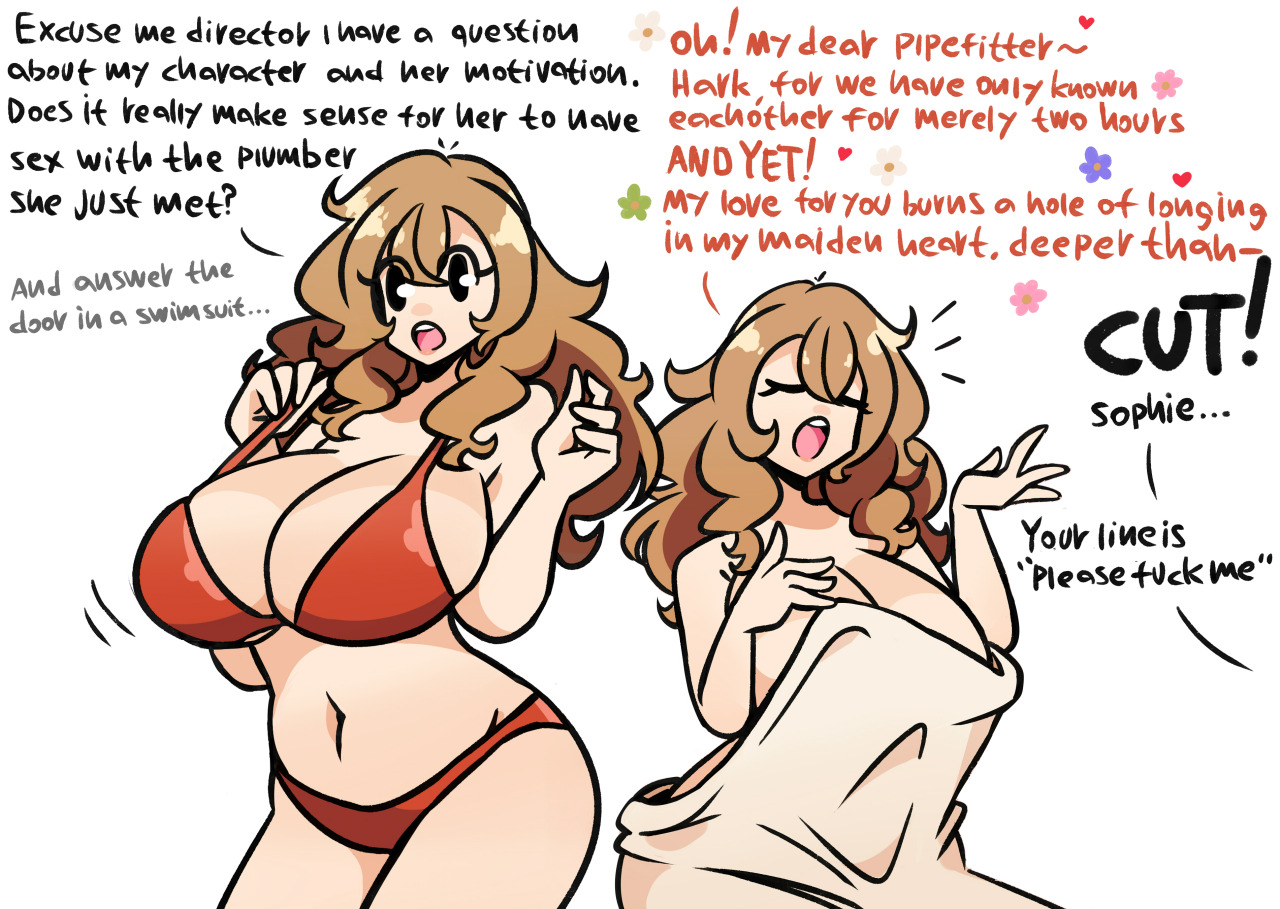1girls, 2025, acting, belly button, big breasts, blanket, breasts, covering self, cute, dark blonde hair, female, flower, flowers, hair between eyes, hand on breast, hand on own breast, hips, humor, midriff, mob face, murgoten, navel, oc, open mouth, porn shoot, porn star, red swimsuit, simple background, simple eyes, simple face, speaking, speech, swimsuit, talking, talking to another, text, thick thighs, thighs, white background