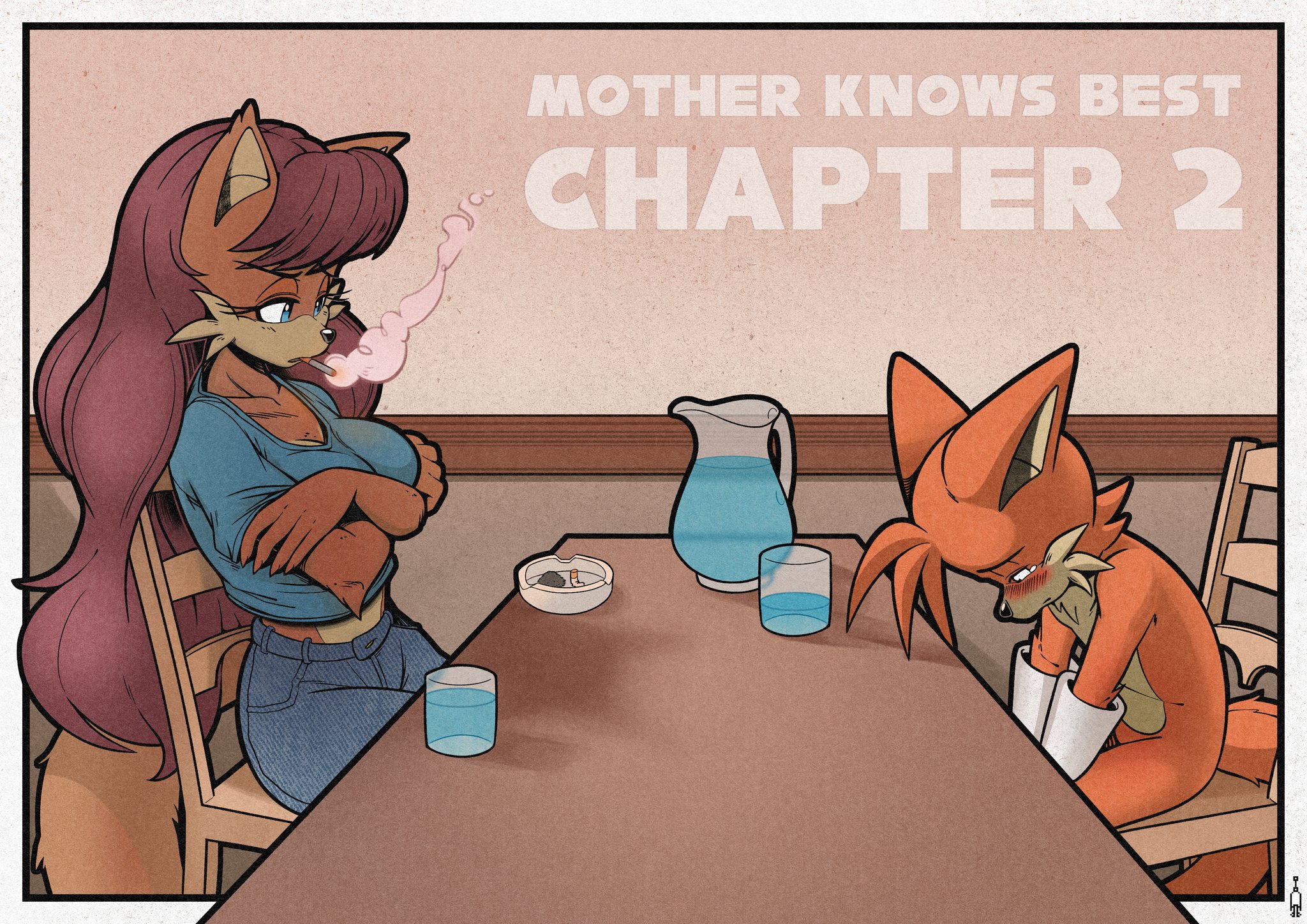 1boy, 1girls, age difference, ardan norgate, arms crossed, blush, breasts, cigarette, female, large breasts, looking down, male, miles tails prower, milf, mother and son, nervous, older female, older female and younger male, rosemary prower, sad, shirt, shy, smoking, sonic (series), sonic the hedgehog (series), suspension, tails, tails the fox, younger male