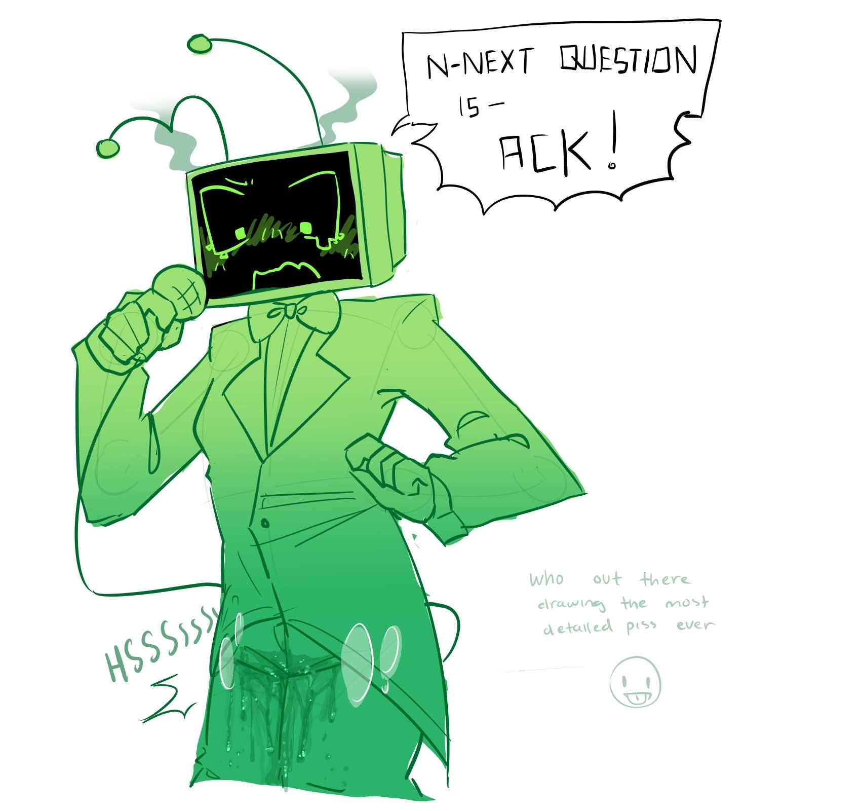 1girls, blush, dandy's world, dandys world, dialogue, female, fetish, green body, green clothing, hi res, looking down, omorashi, pee, peeing, peeing self, piss, quhikko, roblox, roblox game, tagme, toony, tv, tv head, tv screen, urine, vee (dandy's world), wetting, wetting self