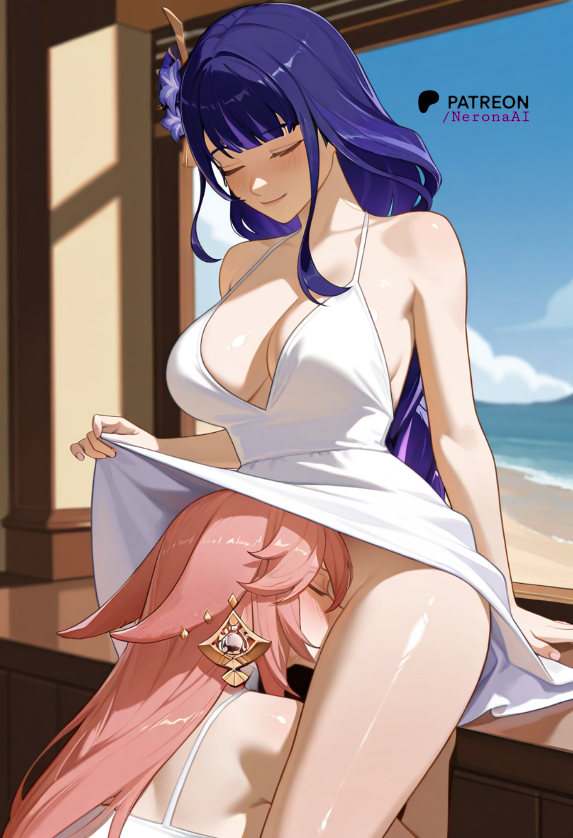 ai, ai assisted, ai generated, beach, between legs, blush, cunnilingus, dress, dress lift, female, genshin impact, lesbian couple, love, neronaai, passionate, pink hair, purple hair, raiden shogun, smile, summer, vacation, yae miko, yuri