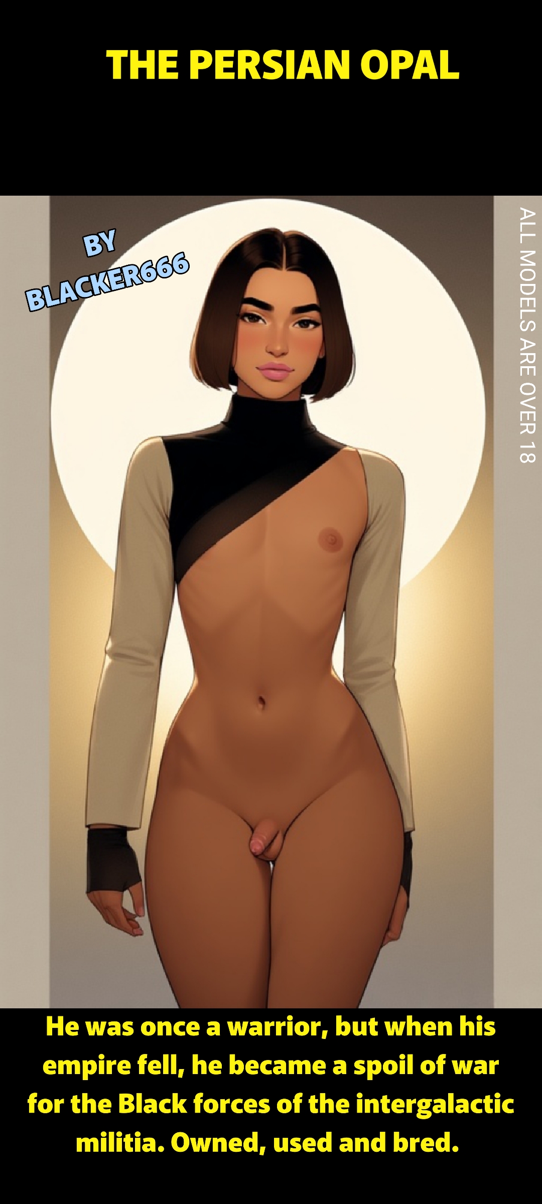 1boy, 1femboy, ai generated, apocalypse, athletic, athletic male, bangs, barely clothed, barely contained breast, black eyes, blacker666, breasts, brown hair, brunette hair, caption, choker, choker only, comic, comic cover, comic page, dark hair, dark skin, dark-skinned male, dystopia, english text, enslaved, enslaved royal, exposed breasts, exposed nipples, exposed penis, exposed torso, fat ass, femboy, feminine, feminine male, fit, fit male, flat chest, flat chested, gloves, harem, harem outfit, iran, iranian, looking at viewer, makeup, male, male only, medium hair, micropenis, minimalist, naked, naked femboy, naked male, nude, nude femboy, nude male, penis, persia, persian (pokemon), pink lips, pink lipstick, post-apocalyptic, pretty boy, prostitute, sex slave, sissy, sissy caption, slave, sleeves, small penis, soft penis, solo, space, spoils of war, standing, tanned, tanned male, tanned skin, teenage male, teenager, teenager boy, text, tiny penis, topless, topless femboy, topless male, twink