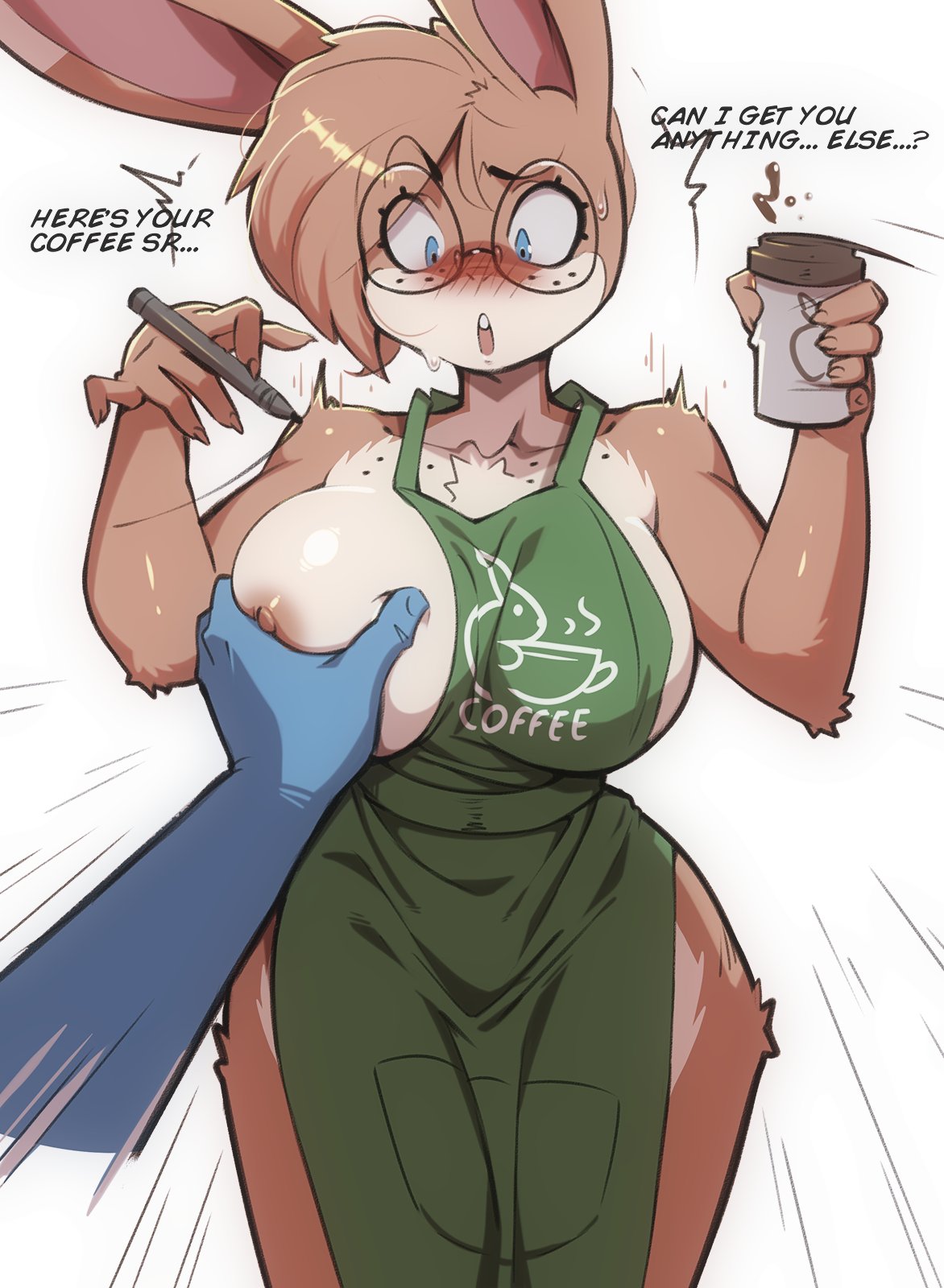 2025, anthro, apron, apron only, areola, arm tuft, big breasts, blue eyes, blush, breast grab, breasts, brown body, brown fur, brown hair, chest tuft, clothing, coffee cup, collarbone, container, cup, disembodied hand, elbow tuft, eyebrows, eyelashes, eyewear, female, freckled breasts, freckled face, freckles, fur, glasses, glistening, glistening breasts, hair, hand on breast, hi res, lagomorph, leporid, mammal, mcfli, nipples, open mouth, pen, rabbit, solo, tan body, tan fur, tuft, wide hips