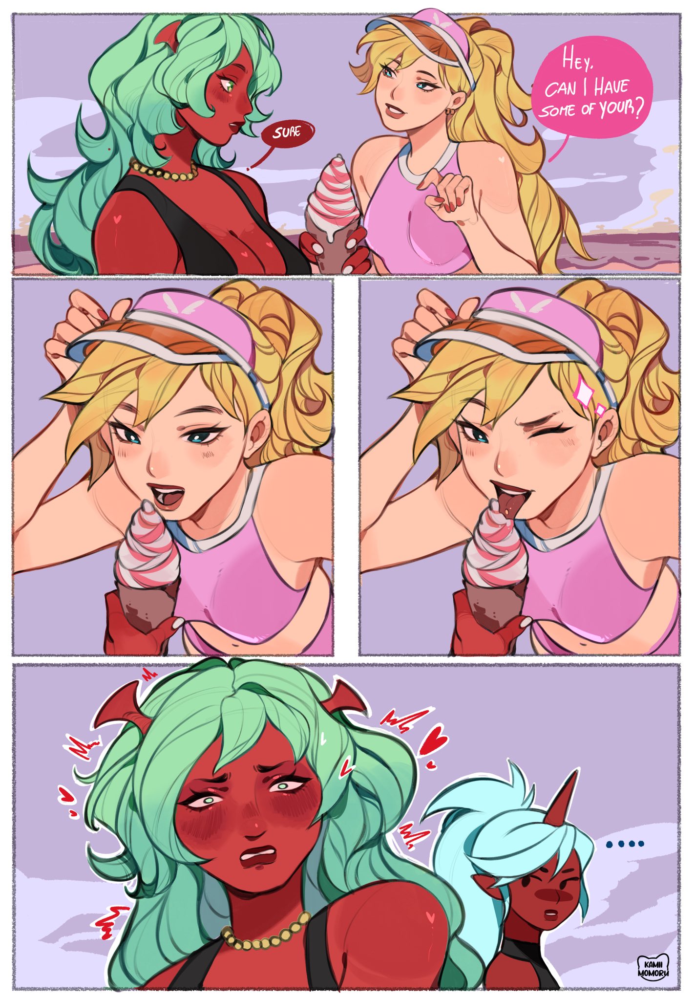..., 3girls, blonde hair, blue eyes, breasts, cleavage, comic, crop top, demon, english text, female, female only, female/female, green hair, horns, ice cream, ice cream cone, implied yuri, kamii momoru, kneesocks daemon, naughty face, panty & stocking with garterbelt, panty anarchy, pearl necklace, plunging neckline, ponytail, red skin, scanty daemon, sexually suggestive, small breasts, tongue out, visor cap, wink