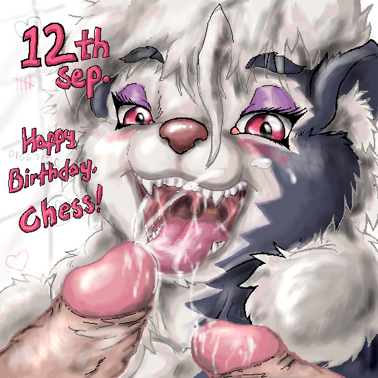 anthro birthday chess_(character) cum facial female gaping_maw human male male_human/female_anthro oekaki open_mouth oral skunk straight threesome zidanerfox