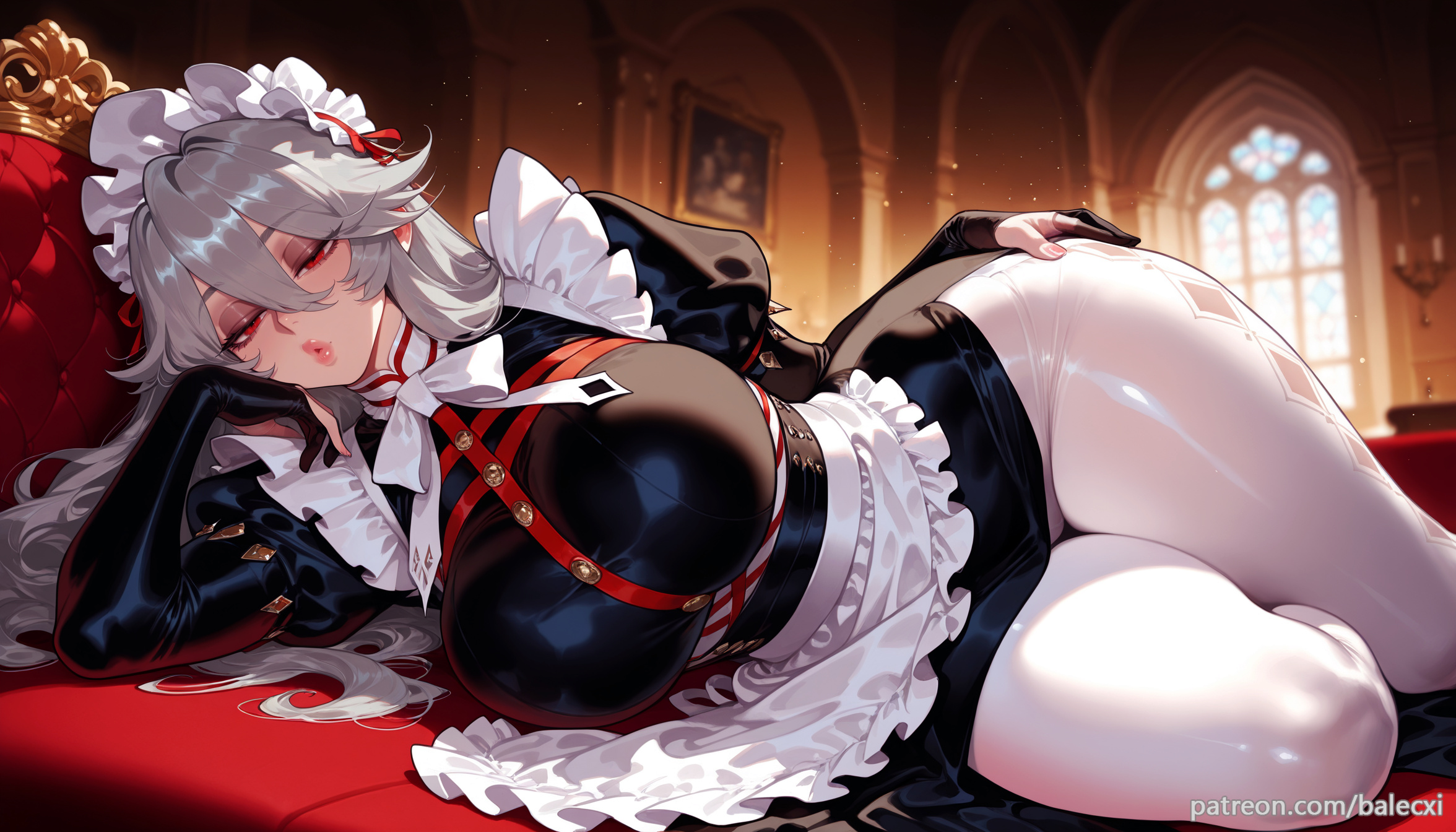 ai generated, alexandrina sebastiane, apron, balecxi, breasts, couch, dress, female, frills, gloves, grey hair, hair between eyes, indoors, large breasts, lips, long hair, long sleeves, looking at viewer, lying, maid, maid headdress, on side, parted lips, puffy sleeves, red eyes, solo, thick thighs, white pantyhose, zenless zone zero